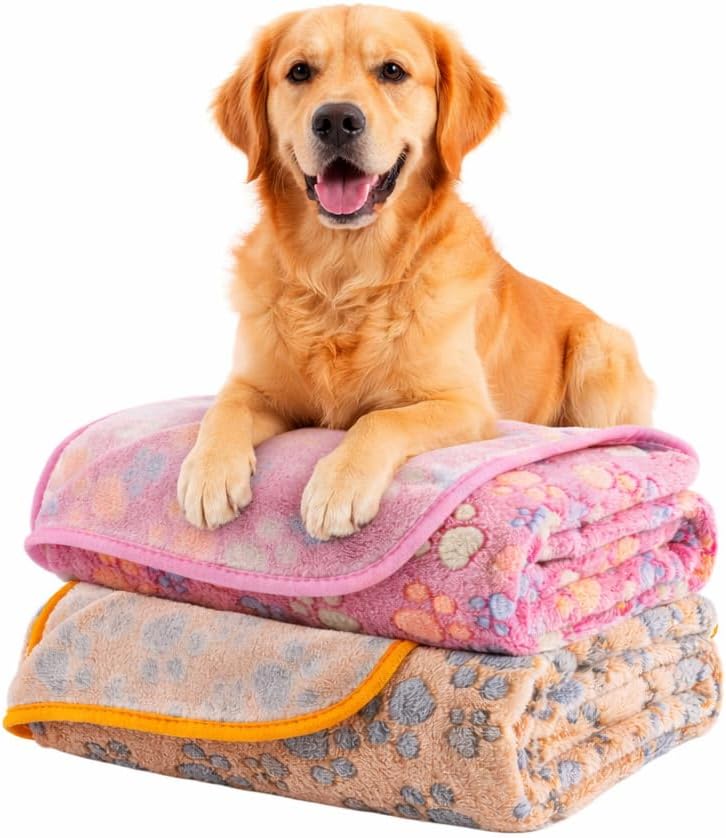 Dog Blanket 2 Pack Soft Flannel Pet Blanket for Dogs & Cats, Cozy Puppy Blanket for Couch Bed Crate, Washable Paw Print Throw 40 * 30 Inch Red&Brown