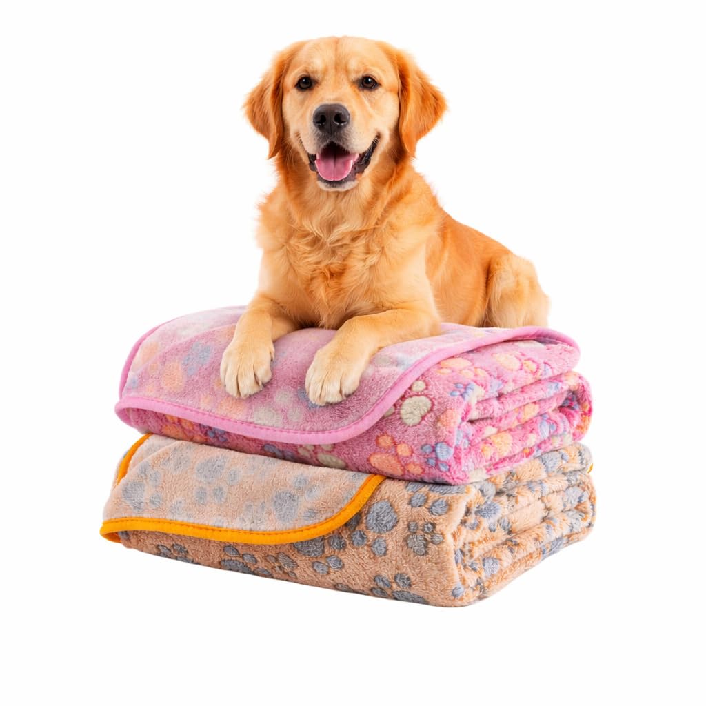 Dog Blanket 2 Pack Soft Flannel Pet Blanket for Dogs & Cats, Cozy Puppy Blanket for Couch Bed Crate, Washable Paw Print Throw 40 * 30 Inch Red&Brown