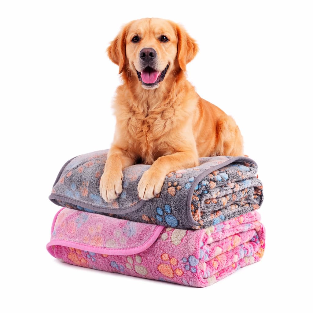 Dog Blanket 2 Pack Soft Flannel Pet Blanket for Dogs & Cats, Cozy Puppy Blanket for Couch Bed Crate, Washable Paw Print Throw 40 * 30 Inch Red&Brown
