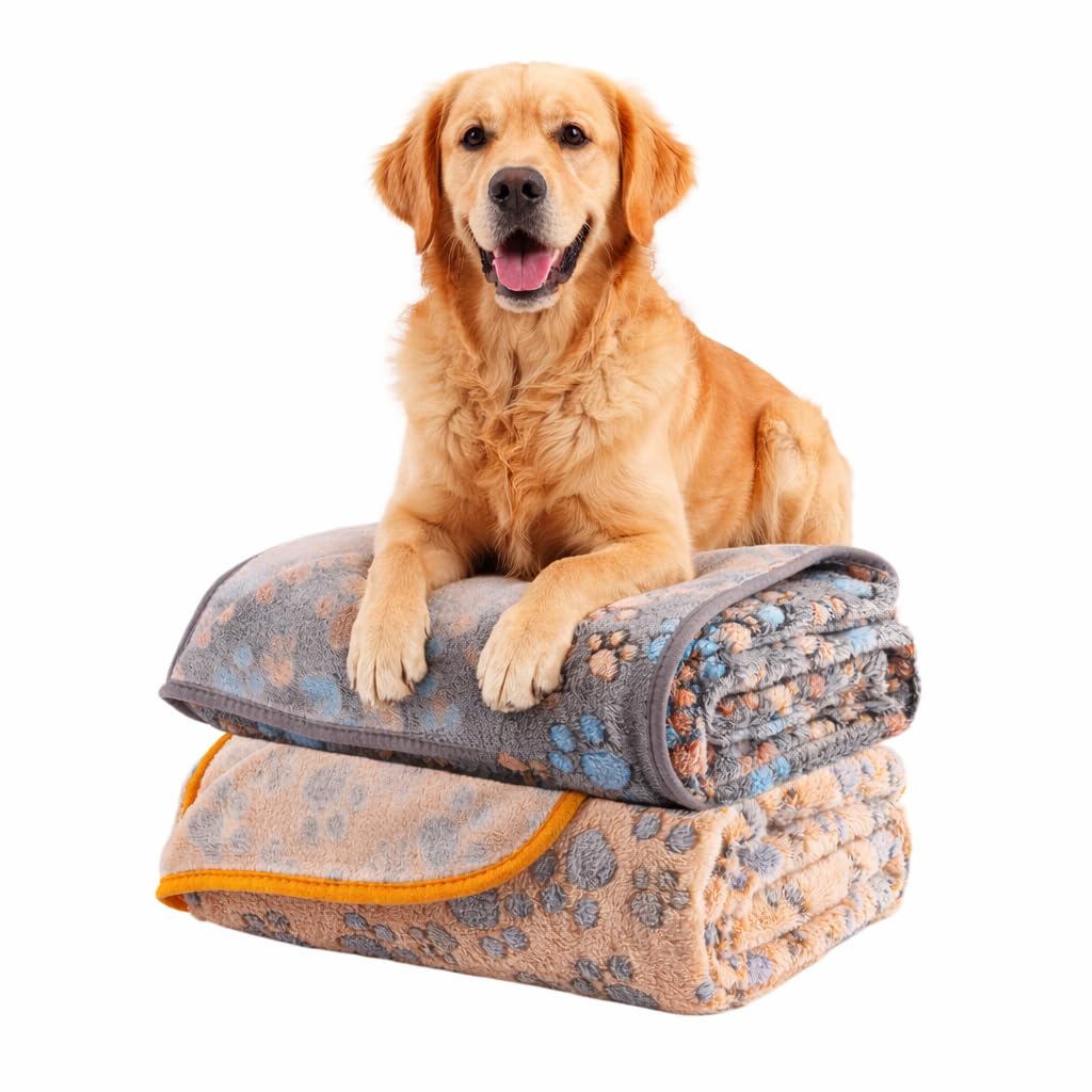 Dog Blanket 2 Pack Soft Flannel Pet Blanket for Dogs & Cats, Cozy Puppy Blanket for Couch Bed Crate, Washable Paw Print Throw 40 * 30 Inch Red&Brown