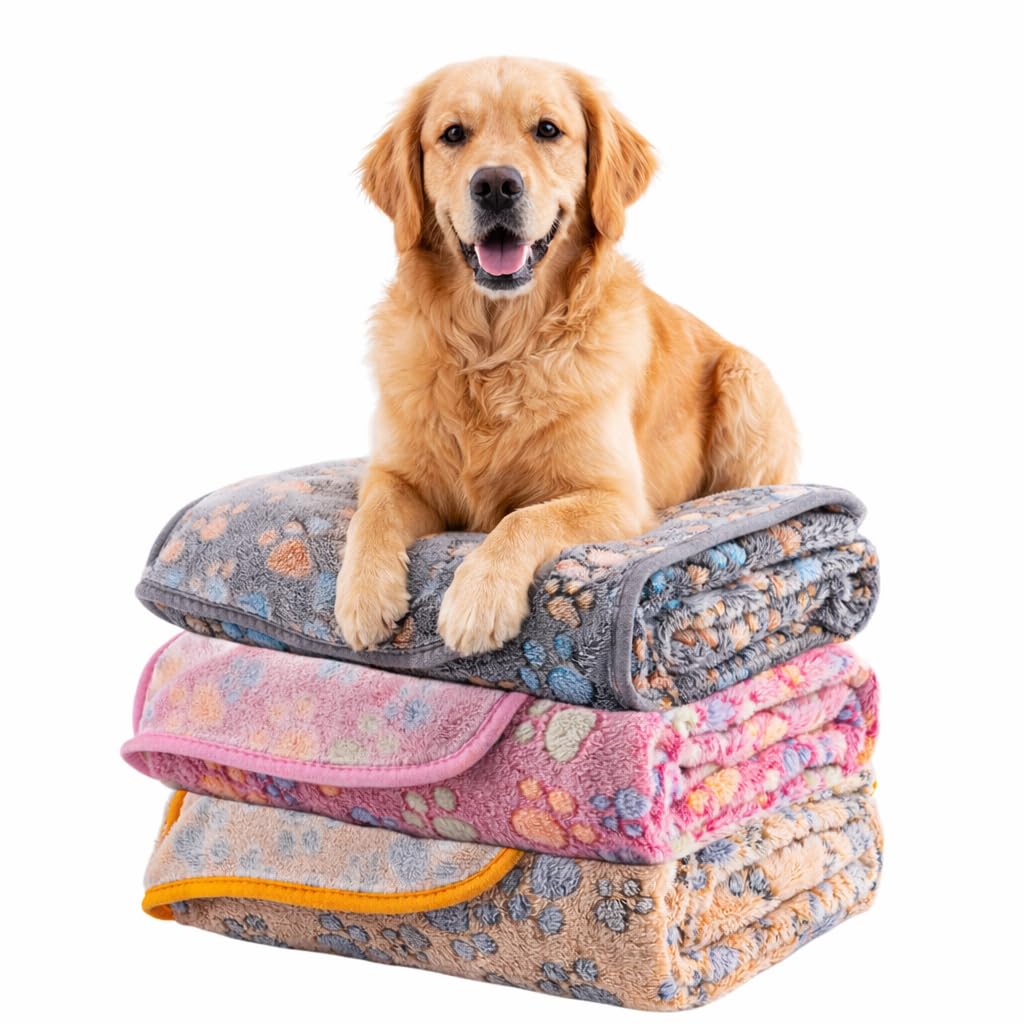 Dog Blanket 2 Pack Soft Flannel Pet Blanket for Dogs & Cats, Cozy Puppy Blanket for Couch Bed Crate, Washable Paw Print Throw 40 * 30 Inch Red&Brown