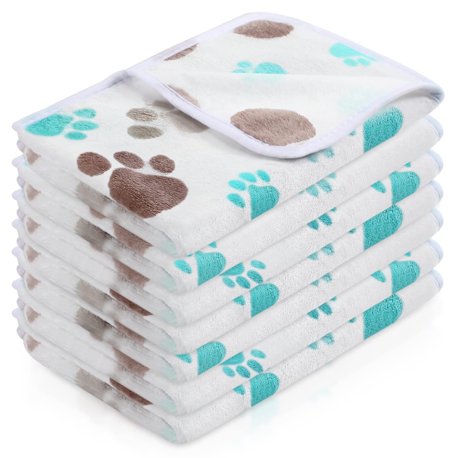 Tatuo 4 Pack Fleece Dog Blanket for Pet,Blue,24 x 16 Inch,Paw | Soft, Washable Puppy Blankets for Cats Guinea Pig, Warm Paw Print Sleep Mat for Crate Kennel, Cozy Indoor Bedding Toys