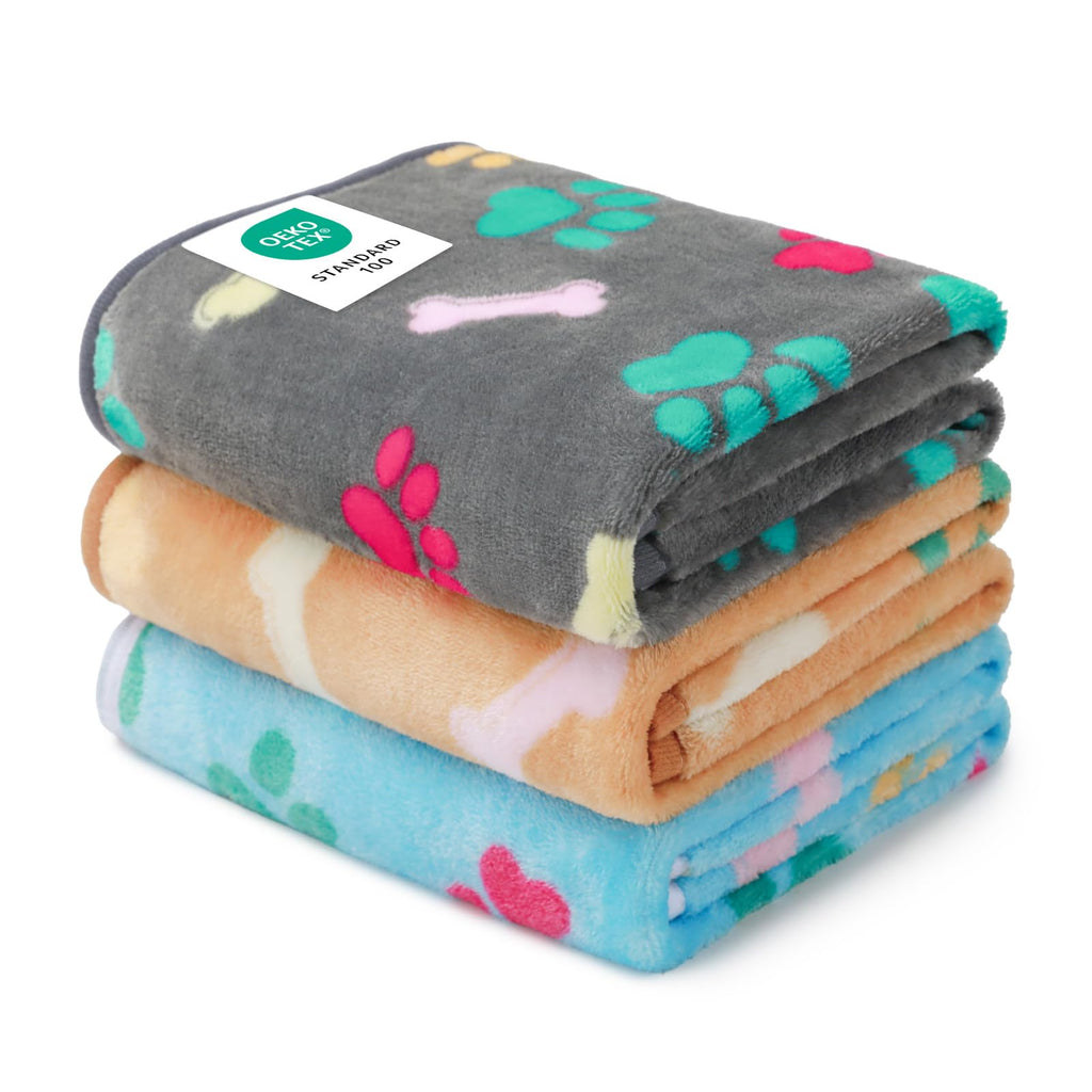 Luciphia 3 Pack Soft Fleece Dog Blankets for Medium Dogs Puppy Cats,30"x20" | Washable Throw Blanket for Crate, Couch, Bed, Travel. Cute Paw & Bone Print. Puppy Essential, Dog Gift,Grey