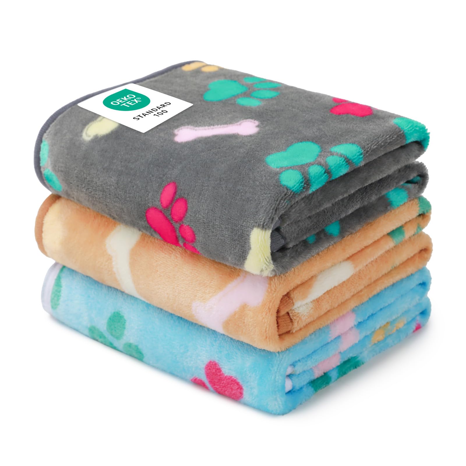 Luciphia 3 Pack Soft Fleece Dog Blankets for Medium Dogs Puppy Cats,30"x20" | Washable Throw Blanket for Crate, Couch, Bed, Travel. Cute Paw & Bone Print. Puppy Essential, Dog Gift,Grey