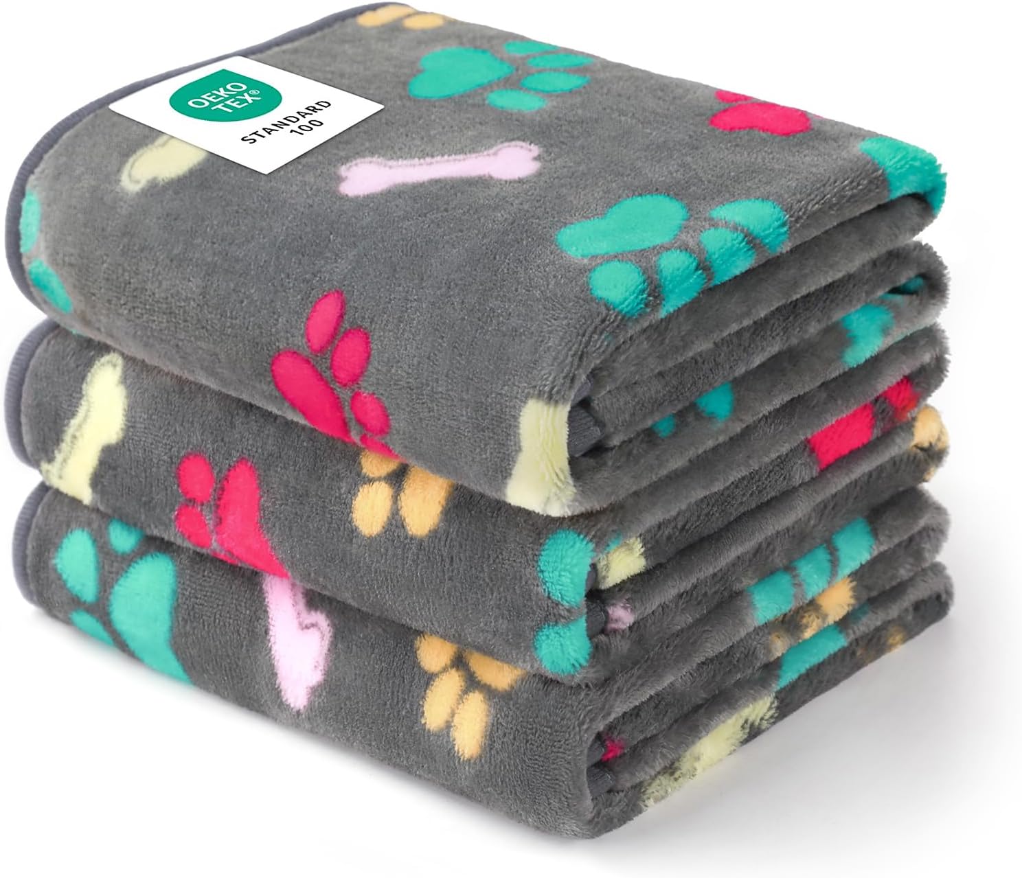 Luciphia 3 Pack Soft Fleece Dog Blankets for Medium Dogs Puppy Cats,30"x20" | Washable Throw Blanket for Crate, Couch, Bed, Travel. Cute Paw & Bone Print. Puppy Essential, Dog Gift,Grey