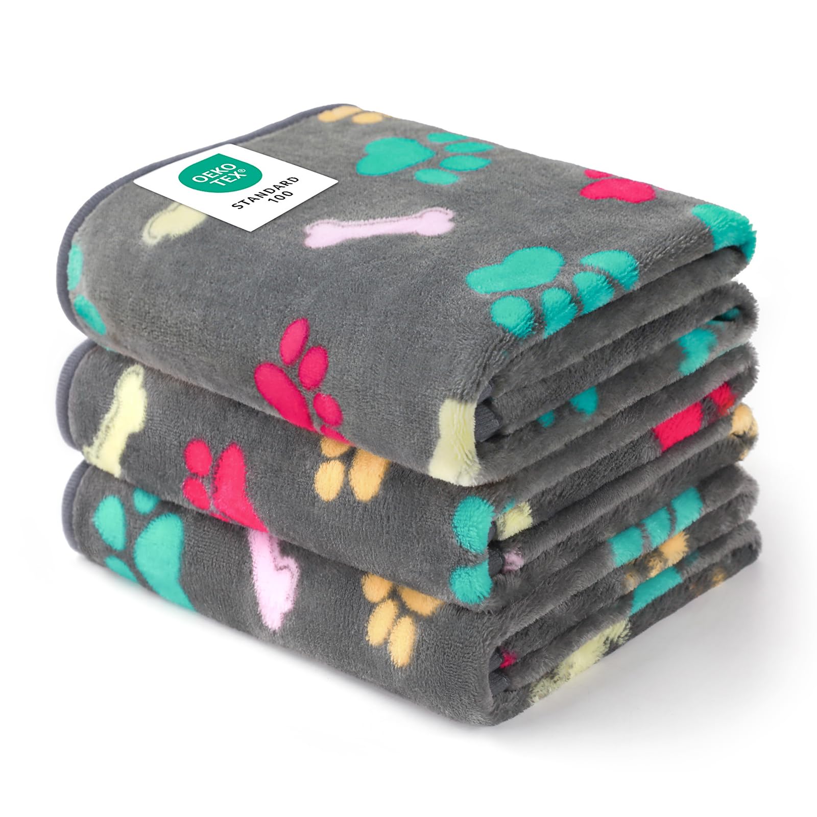 Luciphia 3 Pack Soft Fleece Dog Blankets for Medium Dogs Puppy Cats,30"x20" | Washable Throw Blanket for Crate, Couch, Bed, Travel. Cute Paw & Bone Print. Puppy Essential, Dog Gift,Grey