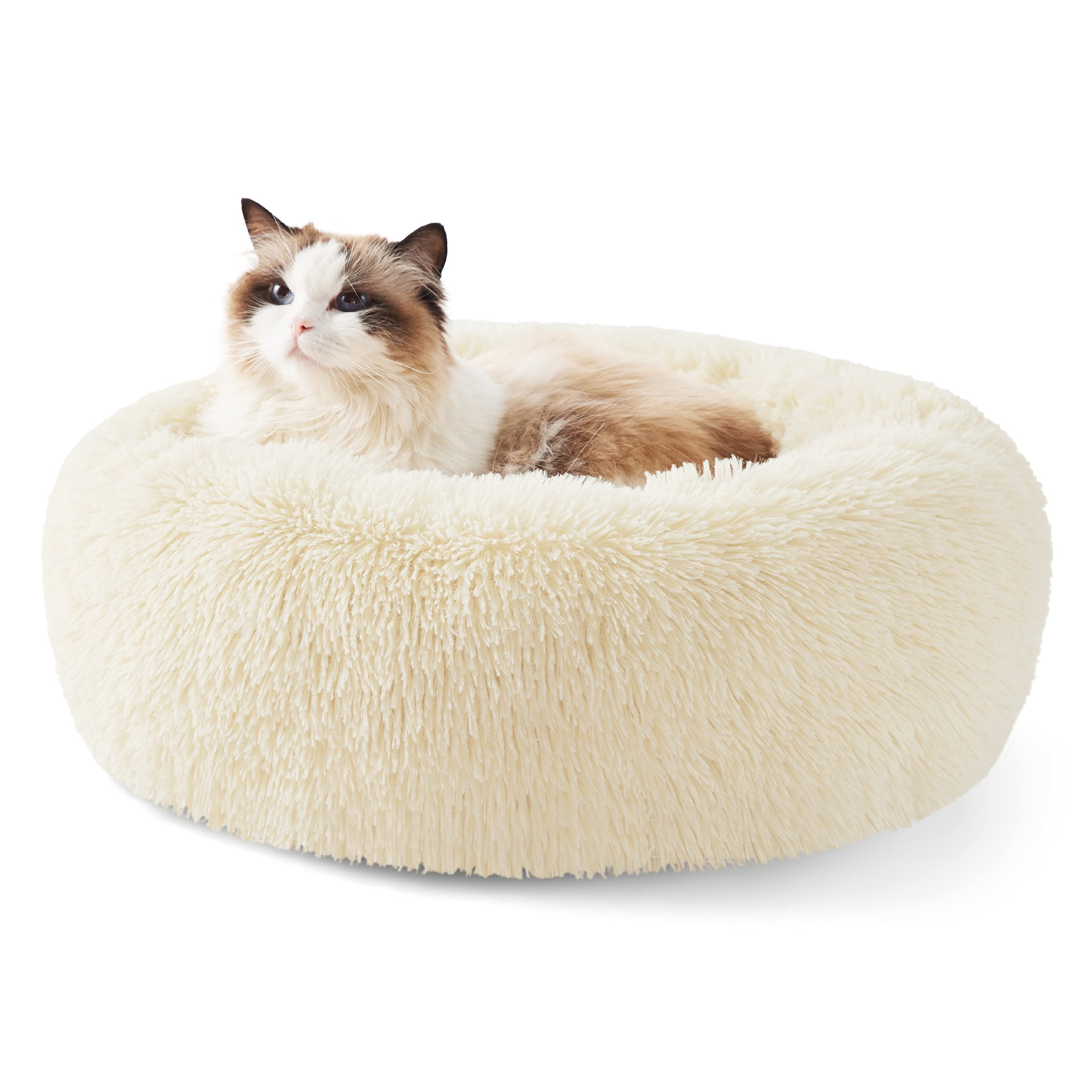 Bedsure Calming Small Dog Bed Donut Washable Cat＆Puppy Bed,23 inches Camel | Oprah Daily Award,Fluffy Faux Fur Round Cuddler,Anti-Slip Bottom,Anti-Anxiety,Deep Sleep for Large Cat & Pets Up to 25 Lbs