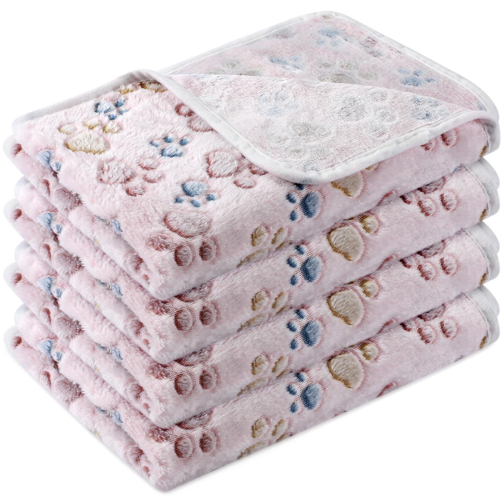 Tatuo 4 Pack Fleece Dog Blanket for Pet,Blue,24 x 16 Inch,Paw | Soft, Washable Puppy Blankets for Cats Guinea Pig, Warm Paw Print Sleep Mat for Crate Kennel, Cozy Indoor Bedding Toys