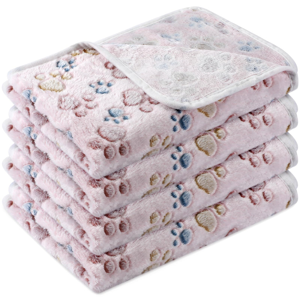 Tatuo 4 Pack Fleece Dog Blanket for Pet,Blue,24 x 16 Inch,Paw | Soft, Washable Puppy Blankets for Cats Guinea Pig, Warm Paw Print Sleep Mat for Crate Kennel, Cozy Indoor Bedding Toys