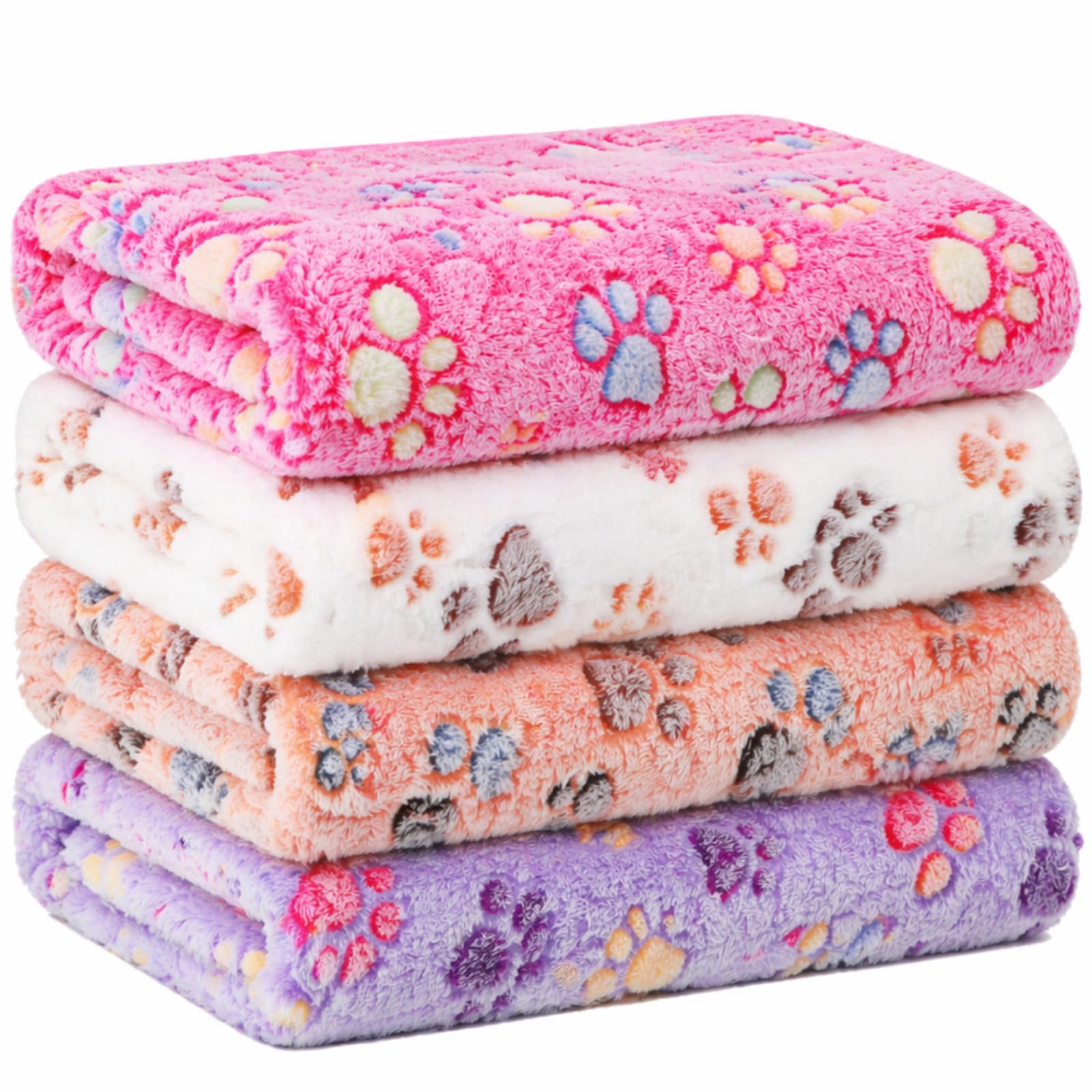 Tatuo 4 Pack Fleece Dog Blanket for Pet,Blue,24 x 16 Inch,Paw | Soft, Washable Puppy Blankets for Cats Guinea Pig, Warm Paw Print Sleep Mat for Crate Kennel, Cozy Indoor Bedding Toys