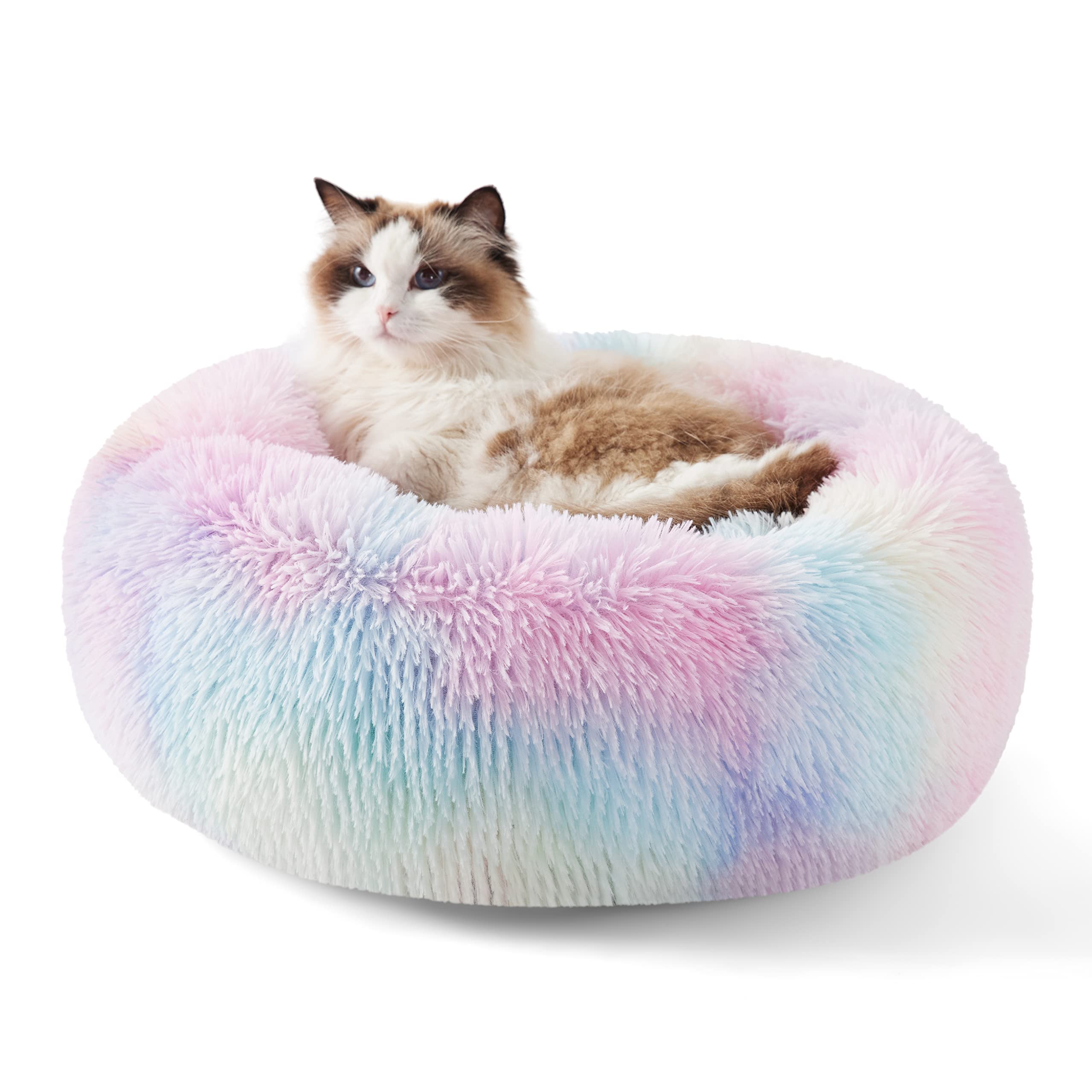 Bedsure Calming Small Dog Bed Donut Washable Cat＆Puppy Bed,23 inches Camel | Oprah Daily Award,Fluffy Faux Fur Round Cuddler,Anti-Slip Bottom,Anti-Anxiety,Deep Sleep for Large Cat & Pets Up to 25 Lbs