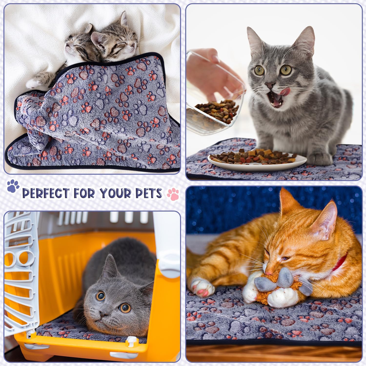 Tatuo 4 Pack Fleece Dog Blanket for Pet,Blue,24 x 16 Inch,Paw | Soft, Washable Puppy Blankets for Cats Guinea Pig, Warm Paw Print Sleep Mat for Crate Kennel, Cozy Indoor Bedding Toys