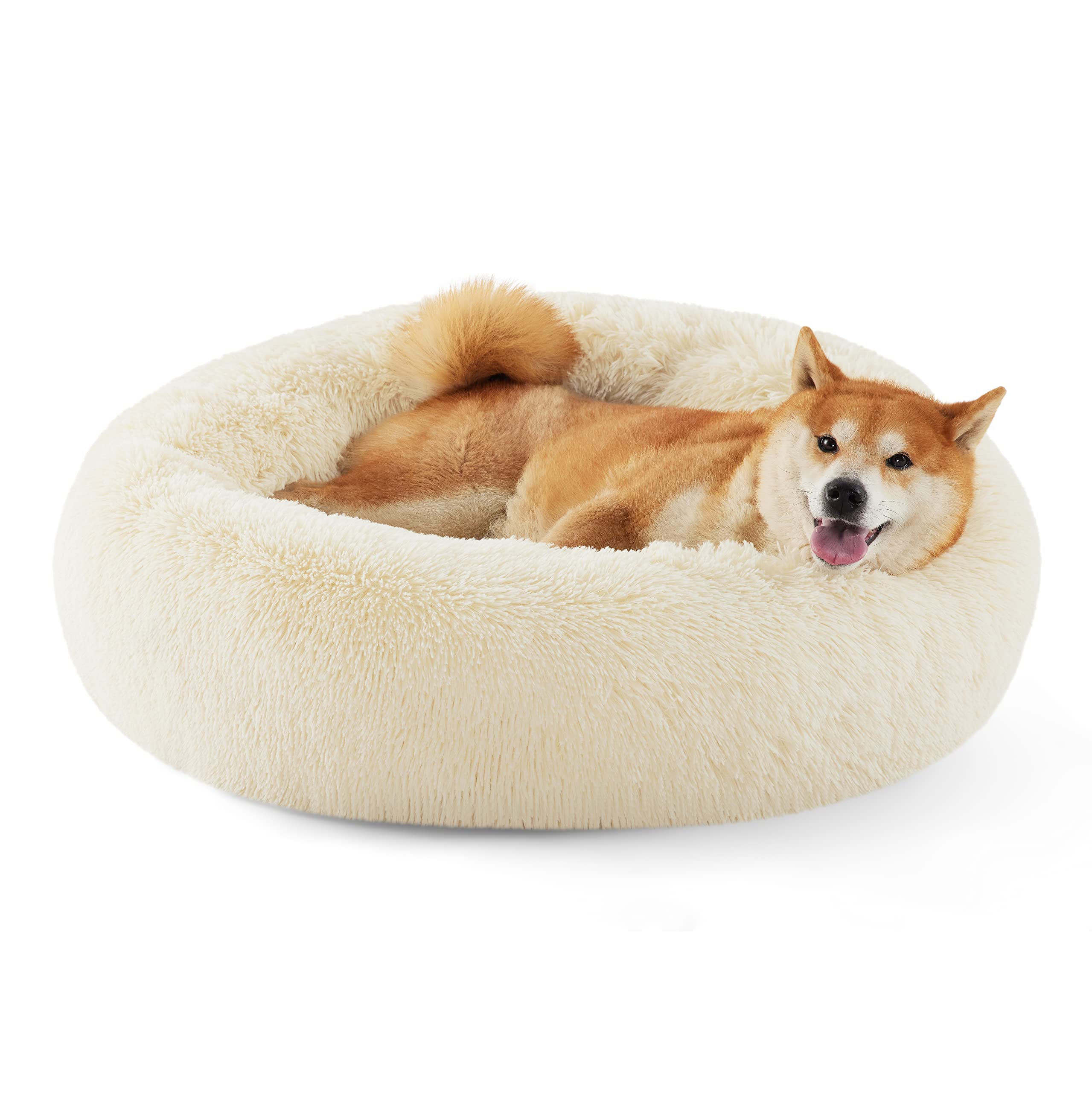 Bedsure Calming Small Dog Bed Donut Washable Cat＆Puppy Bed,23 inches Camel | Oprah Daily Award,Fluffy Faux Fur Round Cuddler,Anti-Slip Bottom,Anti-Anxiety,Deep Sleep for Large Cat & Pets Up to 25 Lbs