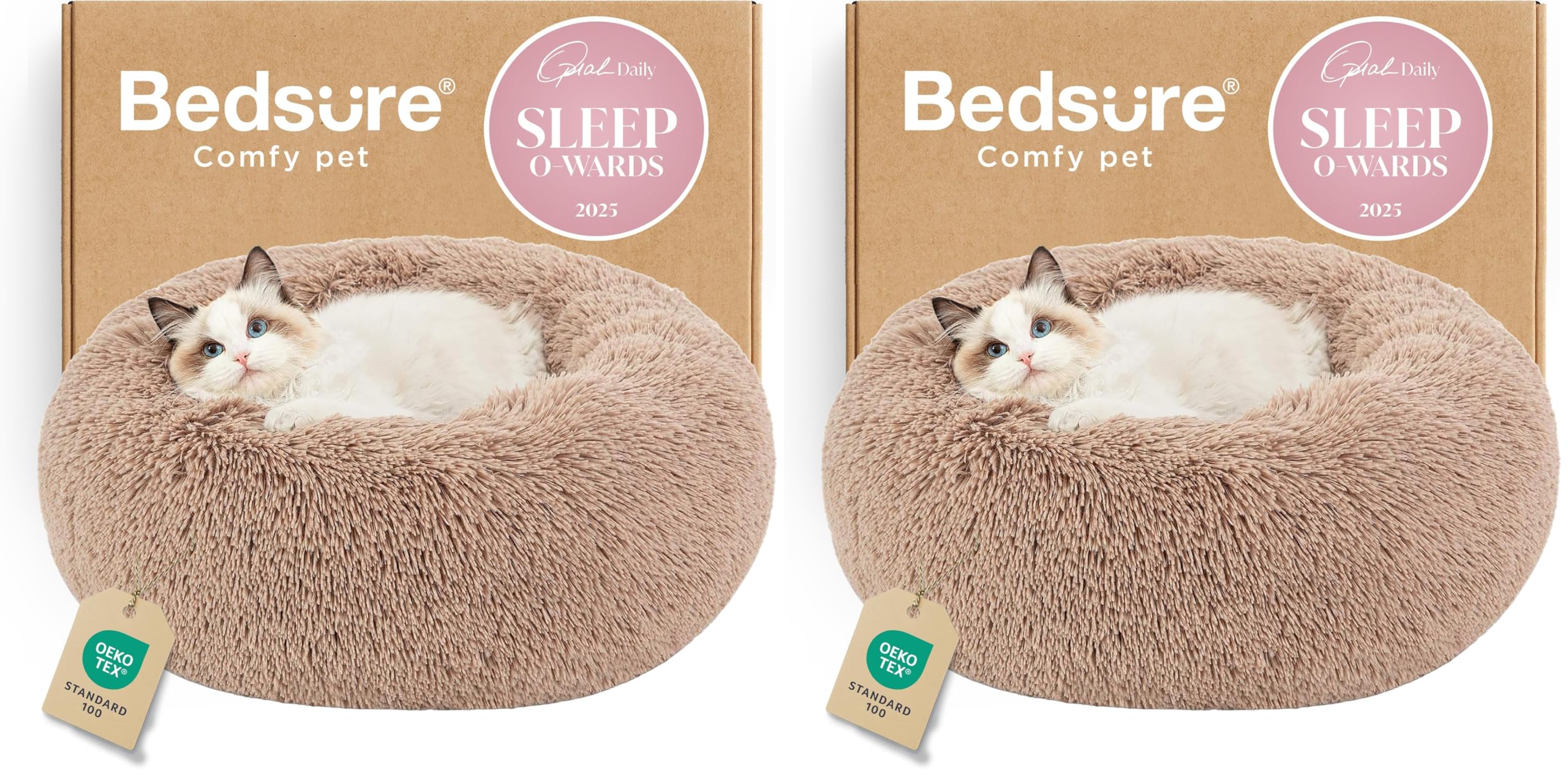 Bedsure Calming Small Dog Bed Donut Washable Cat＆Puppy Bed,23 inches Camel | Oprah Daily Award,Fluffy Faux Fur Round Cuddler,Anti-Slip Bottom,Anti-Anxiety,Deep Sleep for Large Cat & Pets Up to 25 Lbs