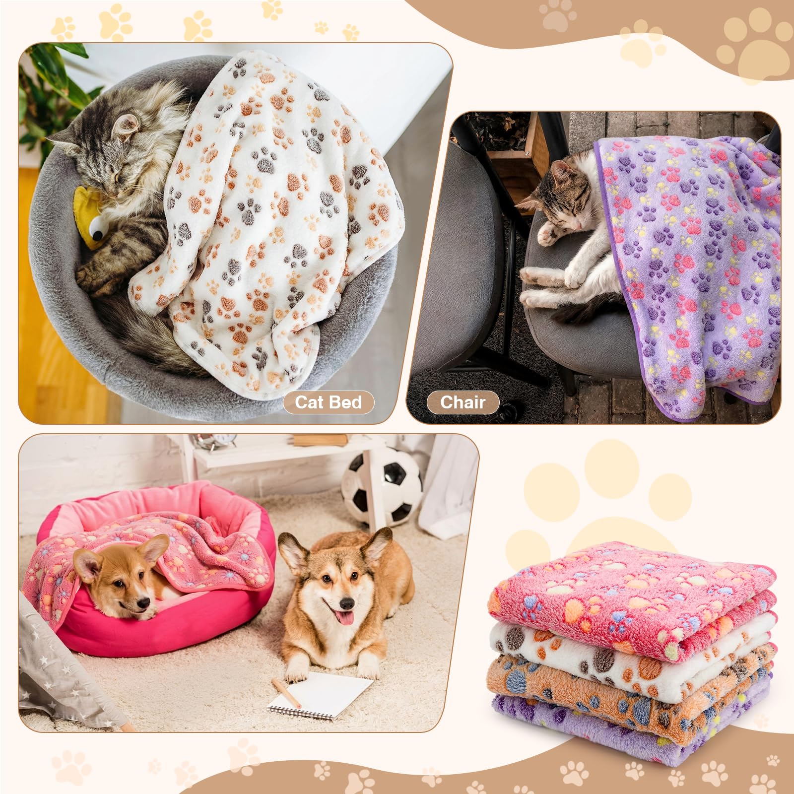 Tatuo 4 Pack Fleece Dog Blanket for Pet,Blue,24 x 16 Inch,Paw | Soft, Washable Puppy Blankets for Cats Guinea Pig, Warm Paw Print Sleep Mat for Crate Kennel, Cozy Indoor Bedding Toys