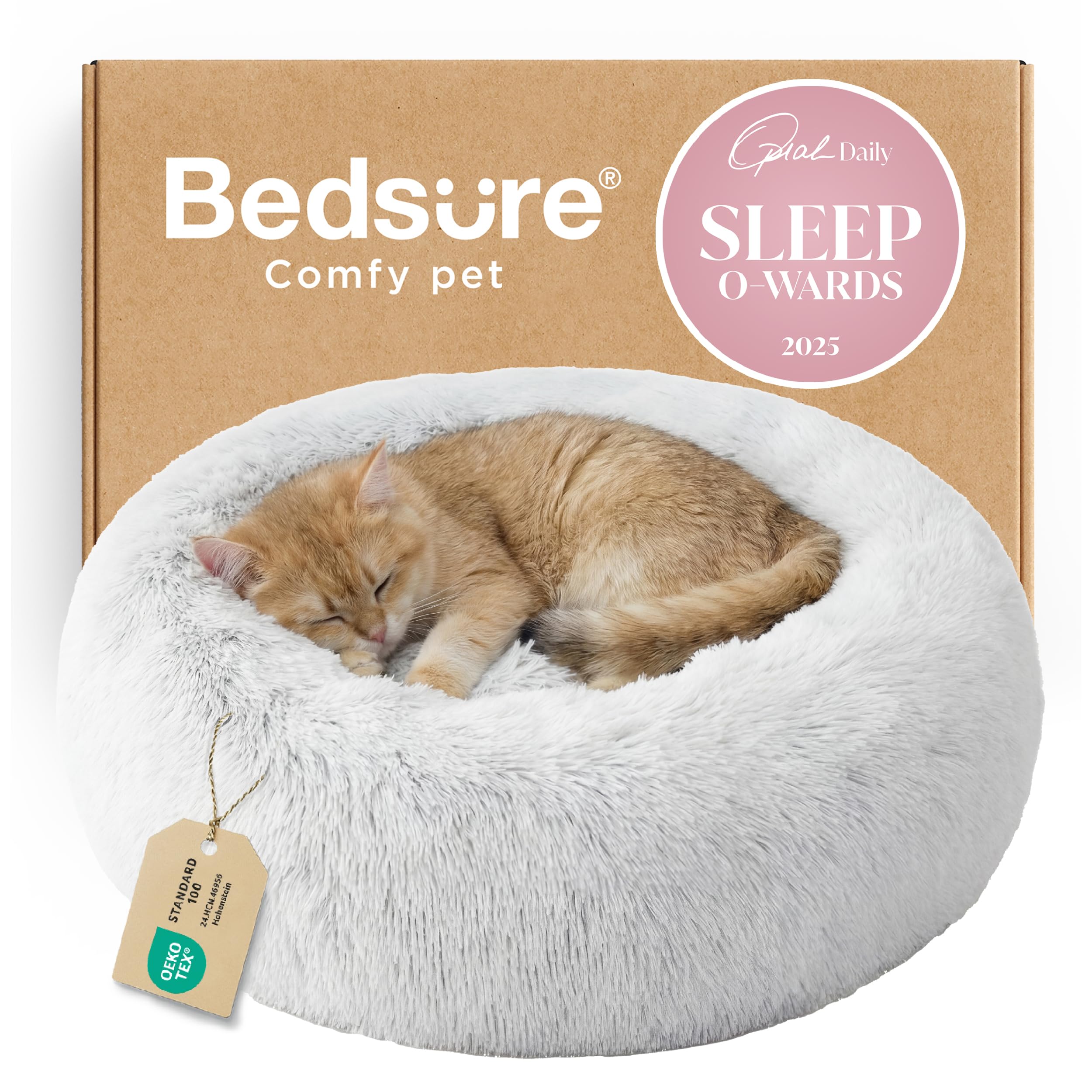 Bedsure Calming Small Dog Bed Donut Washable Cat＆Puppy Bed,23 inches Camel | Oprah Daily Award,Fluffy Faux Fur Round Cuddler,Anti-Slip Bottom,Anti-Anxiety,Deep Sleep for Large Cat & Pets Up to 25 Lbs