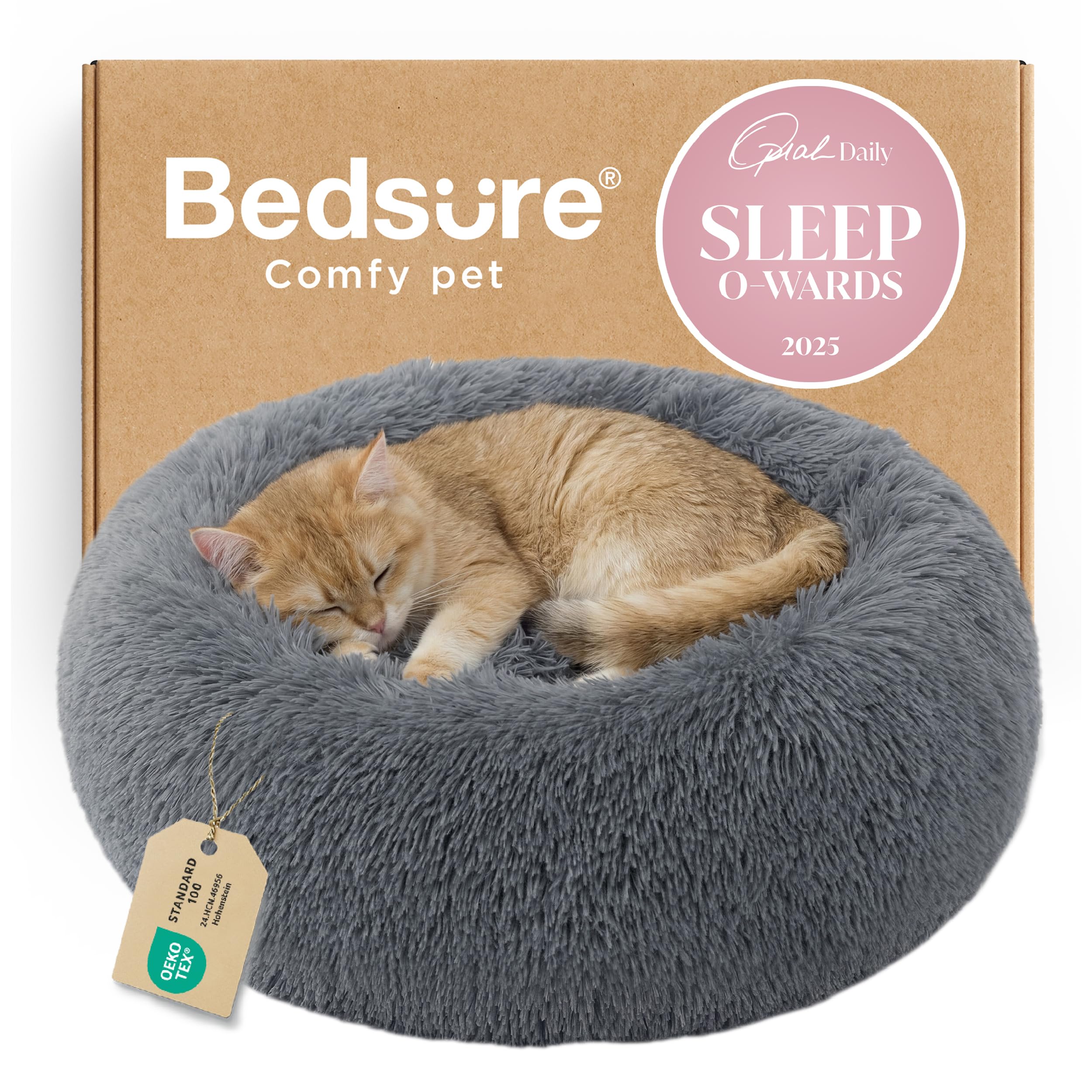 Bedsure Calming Small Dog Bed Donut Washable Cat＆Puppy Bed,23 inches Camel | Oprah Daily Award,Fluffy Faux Fur Round Cuddler,Anti-Slip Bottom,Anti-Anxiety,Deep Sleep for Large Cat & Pets Up to 25 Lbs