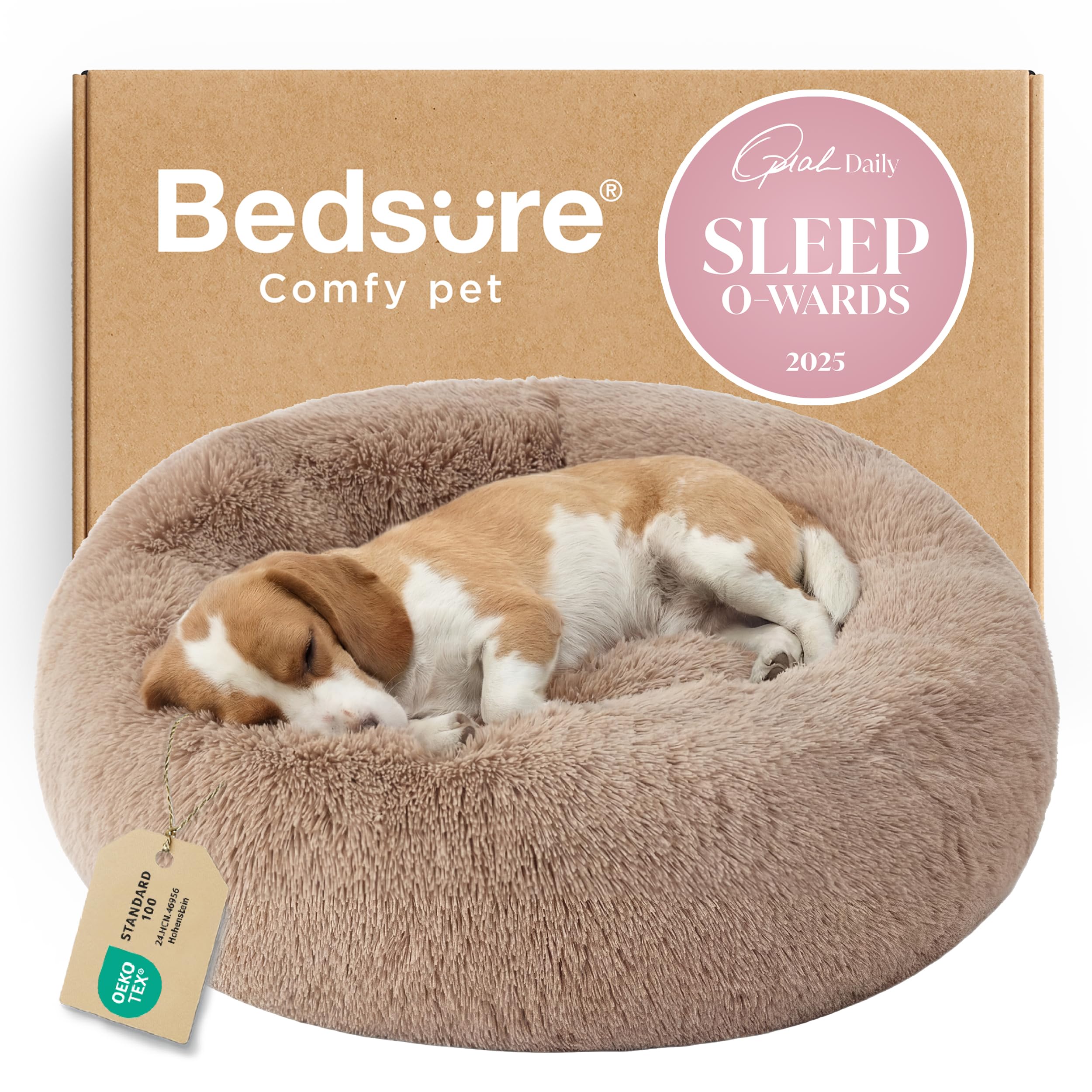 Bedsure Calming Small Dog Bed Donut Washable Cat＆Puppy Bed,23 inches Camel | Oprah Daily Award,Fluffy Faux Fur Round Cuddler,Anti-Slip Bottom,Anti-Anxiety,Deep Sleep for Large Cat & Pets Up to 25 Lbs