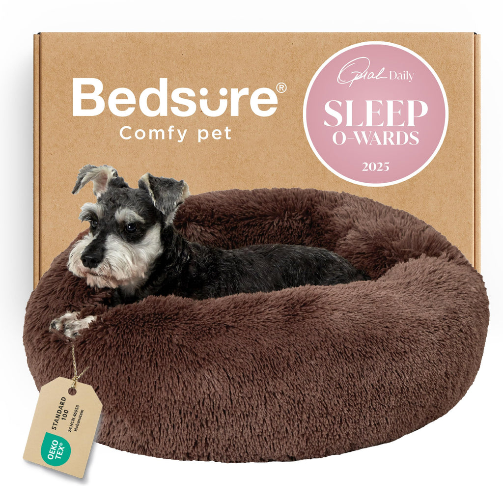 Bedsure Calming Small Dog Bed Donut Washable Cat＆Puppy Bed,23 inches Camel | Oprah Daily Award,Fluffy Faux Fur Round Cuddler,Anti-Slip Bottom,Anti-Anxiety,Deep Sleep for Large Cat & Pets Up to 25 Lbs