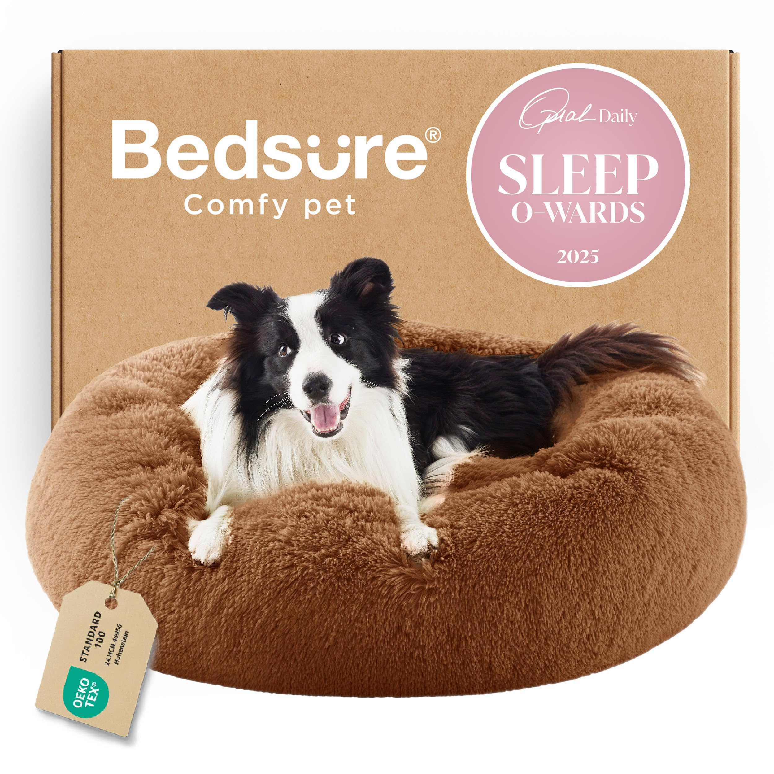 Bedsure Calming Small Dog Bed Donut Washable Cat＆Puppy Bed,23 inches Camel | Oprah Daily Award,Fluffy Faux Fur Round Cuddler,Anti-Slip Bottom,Anti-Anxiety,Deep Sleep for Large Cat & Pets Up to 25 Lbs