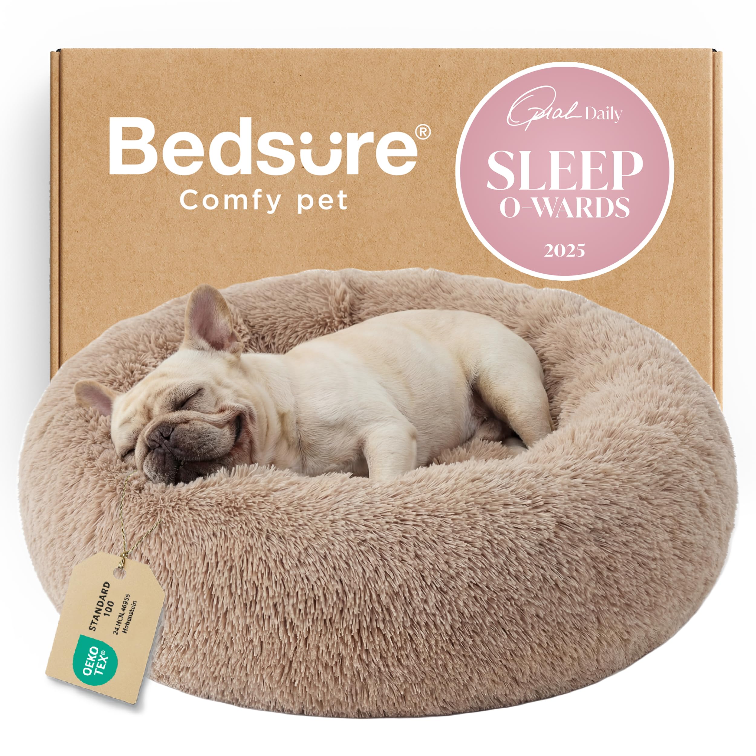 Bedsure Calming Small Dog Bed Donut Washable Cat＆Puppy Bed,23 inches Camel | Oprah Daily Award,Fluffy Faux Fur Round Cuddler,Anti-Slip Bottom,Anti-Anxiety,Deep Sleep for Large Cat & Pets Up to 25 Lbs