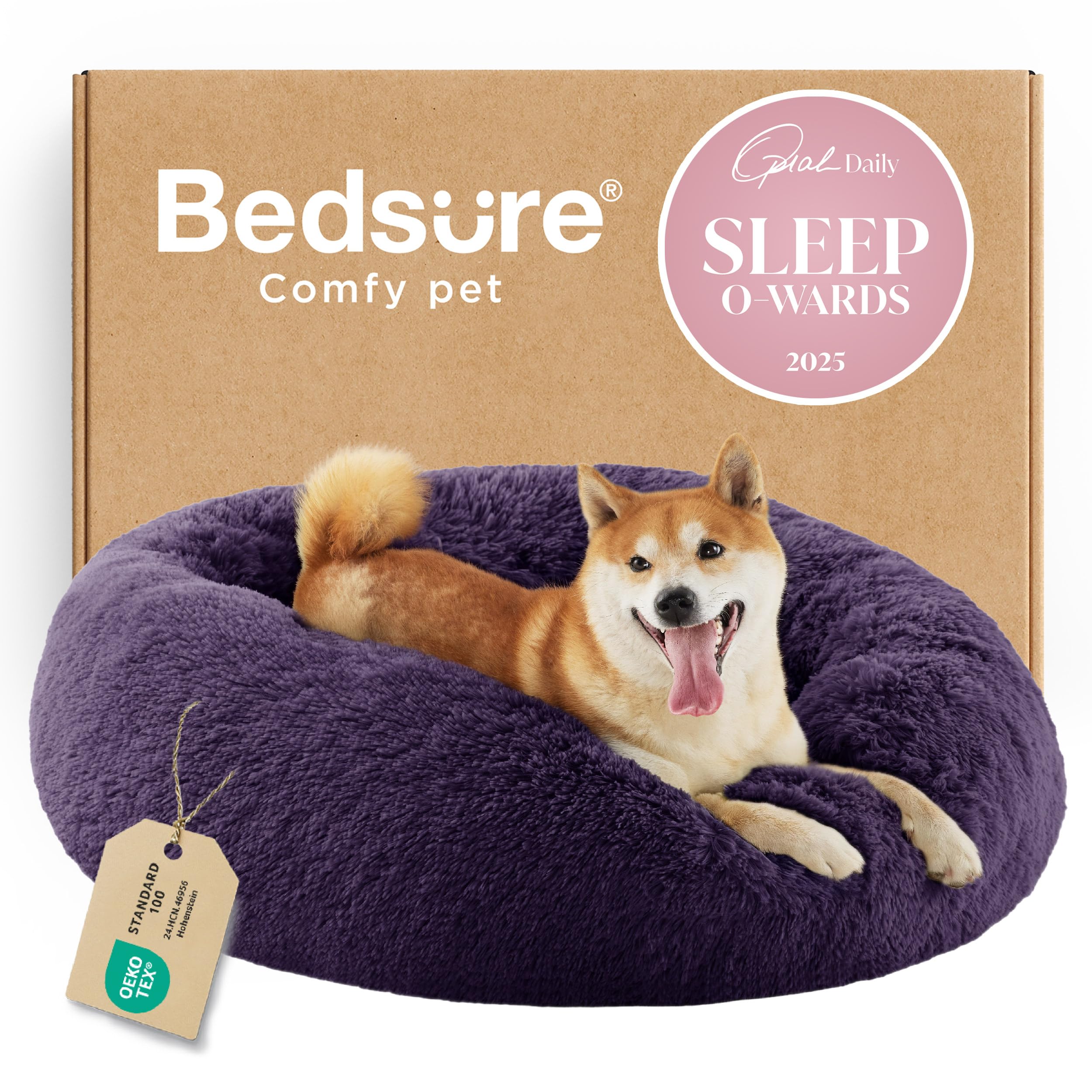Bedsure Calming Small Dog Bed Donut Washable Cat＆Puppy Bed,23 inches Camel | Oprah Daily Award,Fluffy Faux Fur Round Cuddler,Anti-Slip Bottom,Anti-Anxiety,Deep Sleep for Large Cat & Pets Up to 25 Lbs