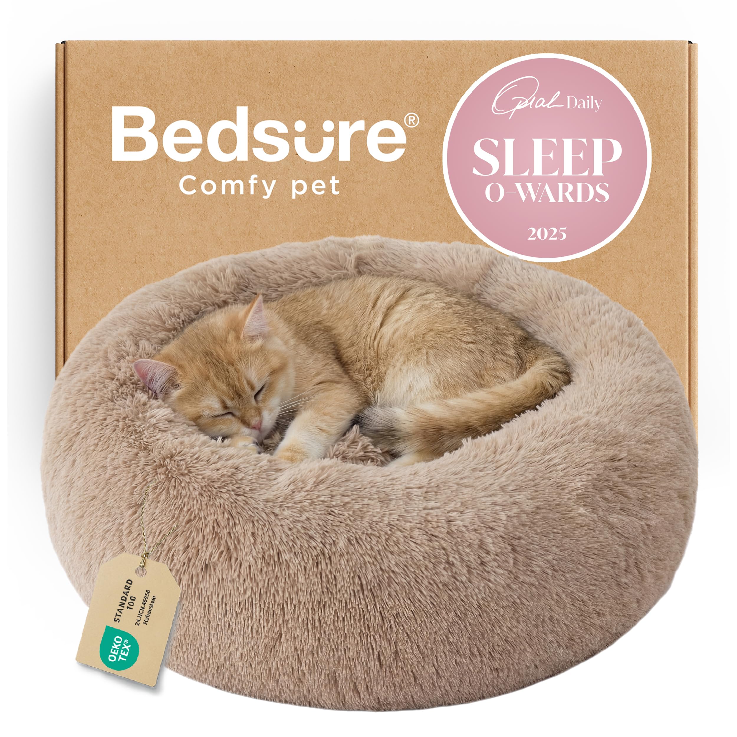 Bedsure Calming Small Dog Bed Donut Washable Cat＆Puppy Bed,23 inches Camel | Oprah Daily Award,Fluffy Faux Fur Round Cuddler,Anti-Slip Bottom,Anti-Anxiety,Deep Sleep for Large Cat & Pets Up to 25 Lbs