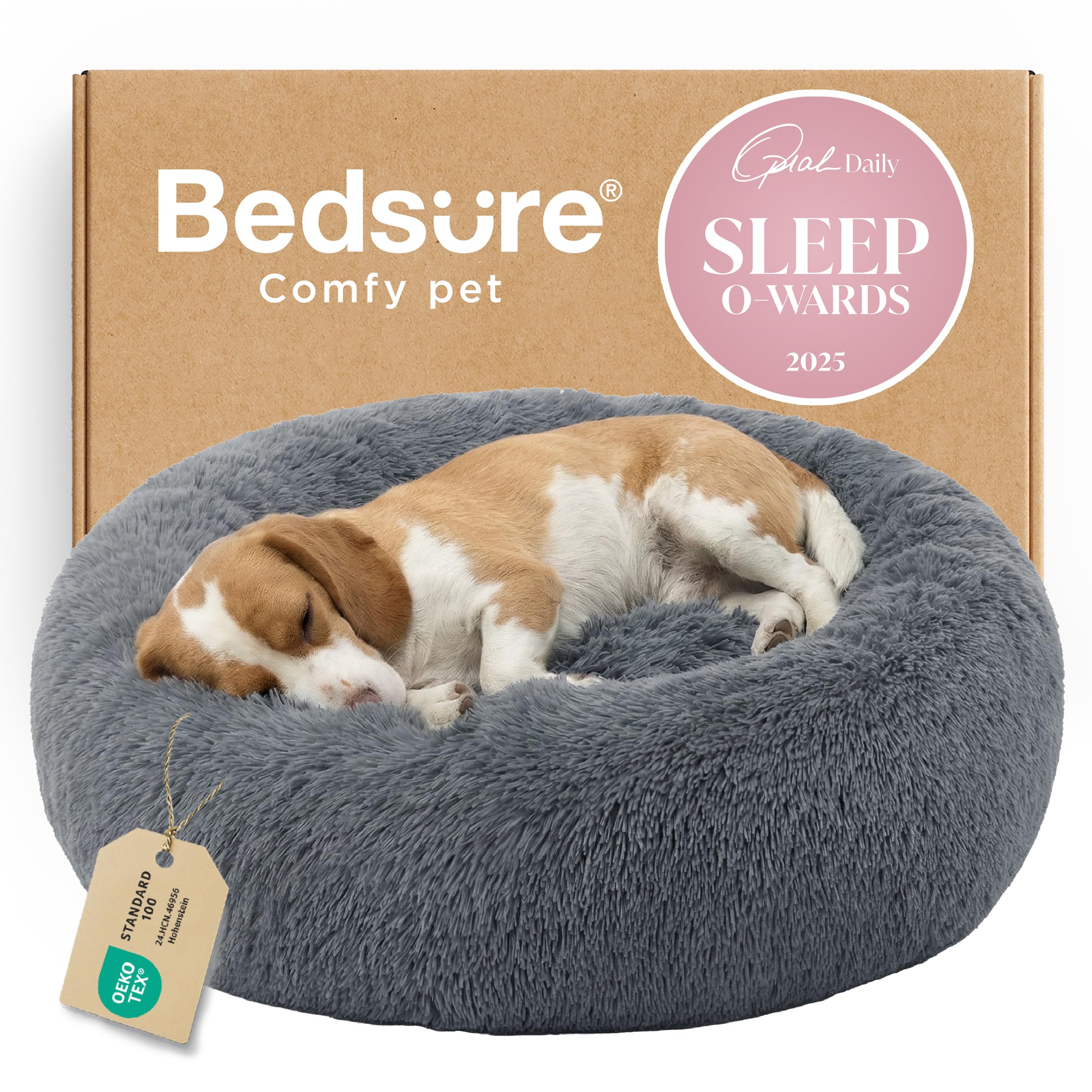 Bedsure Calming Small Dog Bed Donut Washable Cat＆Puppy Bed,23 inches Camel | Oprah Daily Award,Fluffy Faux Fur Round Cuddler,Anti-Slip Bottom,Anti-Anxiety,Deep Sleep for Large Cat & Pets Up to 25 Lbs