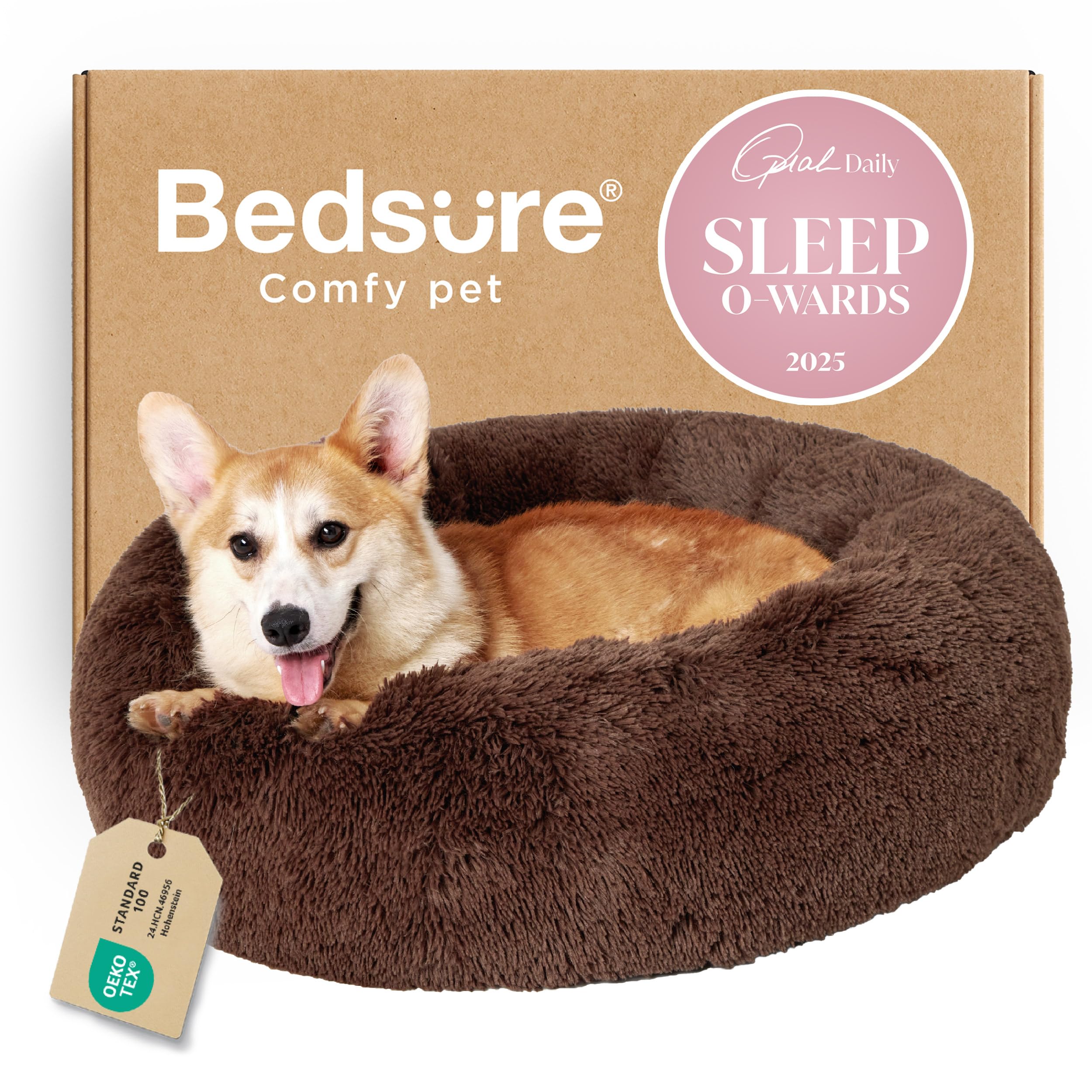 Bedsure Calming Small Dog Bed Donut Washable Cat＆Puppy Bed,23 inches Camel | Oprah Daily Award,Fluffy Faux Fur Round Cuddler,Anti-Slip Bottom,Anti-Anxiety,Deep Sleep for Large Cat & Pets Up to 25 Lbs