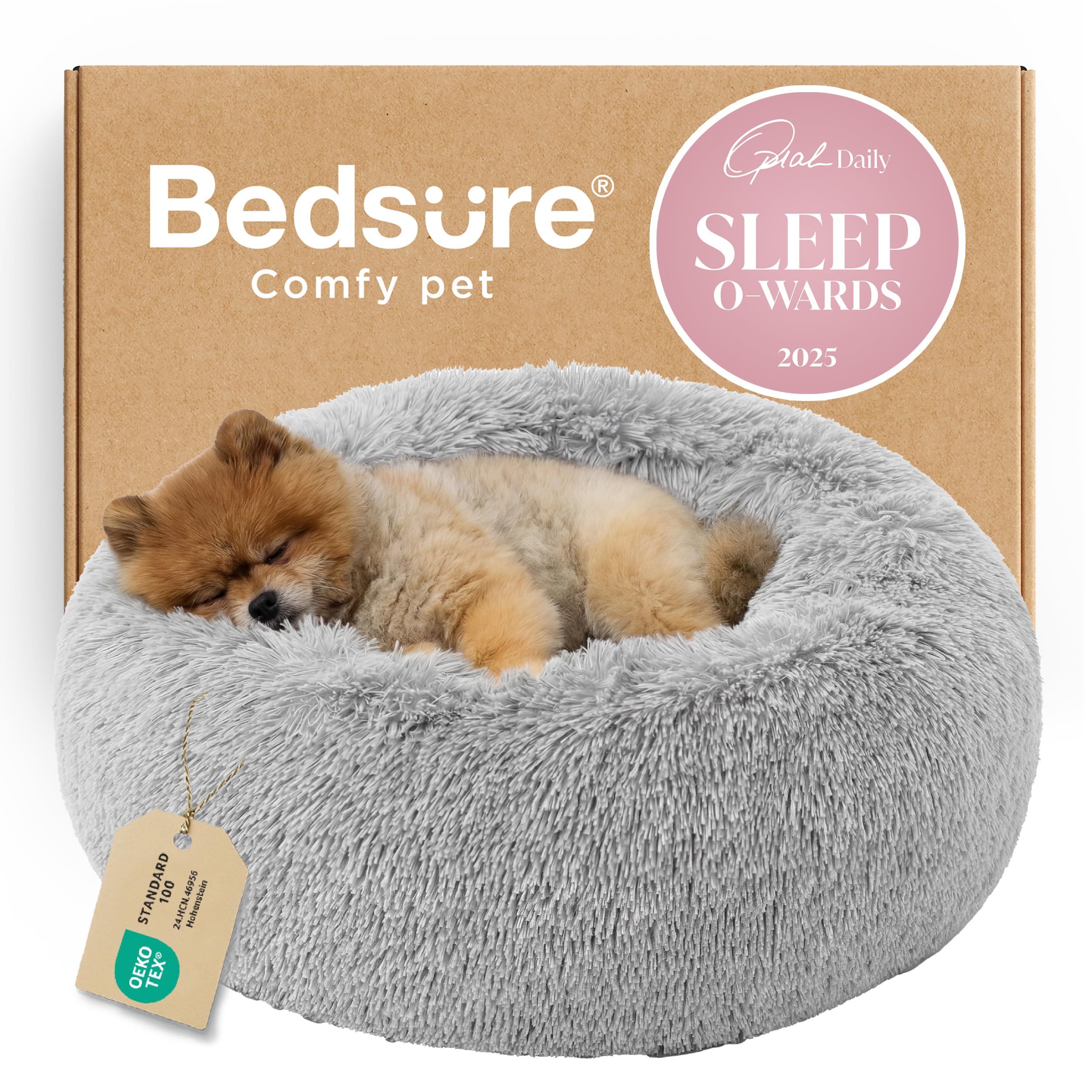 Bedsure Calming Small Dog Bed Donut Washable Cat＆Puppy Bed,23 inches Camel | Oprah Daily Award,Fluffy Faux Fur Round Cuddler,Anti-Slip Bottom,Anti-Anxiety,Deep Sleep for Large Cat & Pets Up to 25 Lbs