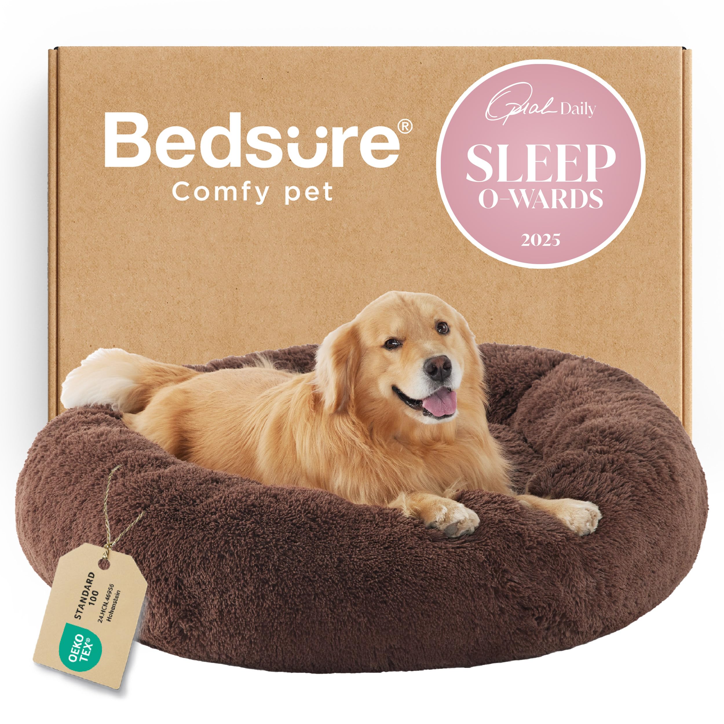 Bedsure Calming Small Dog Bed Donut Washable Cat＆Puppy Bed,23 inches Camel | Oprah Daily Award,Fluffy Faux Fur Round Cuddler,Anti-Slip Bottom,Anti-Anxiety,Deep Sleep for Large Cat & Pets Up to 25 Lbs