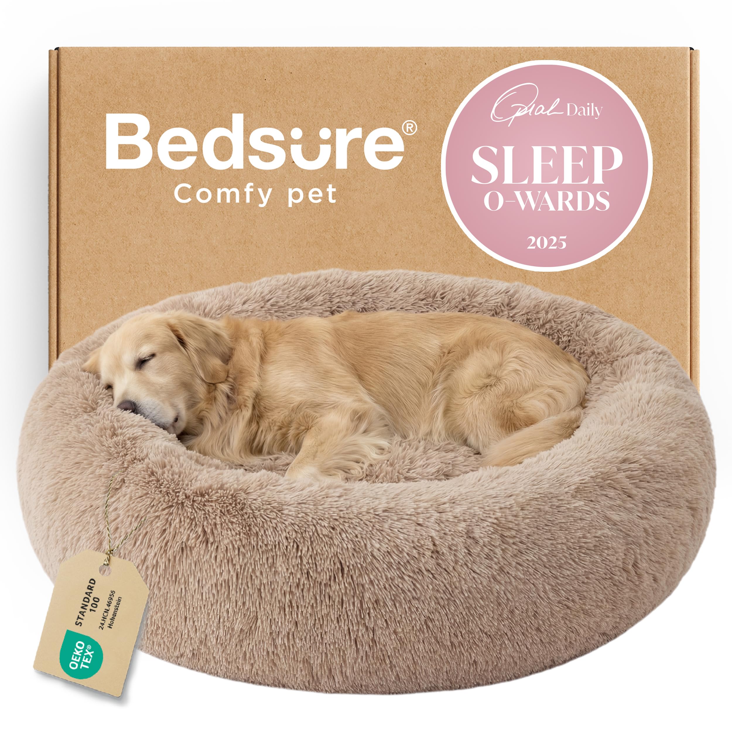 Bedsure Calming Small Dog Bed Donut Washable Cat＆Puppy Bed,23 inches Camel | Oprah Daily Award,Fluffy Faux Fur Round Cuddler,Anti-Slip Bottom,Anti-Anxiety,Deep Sleep for Large Cat & Pets Up to 25 Lbs