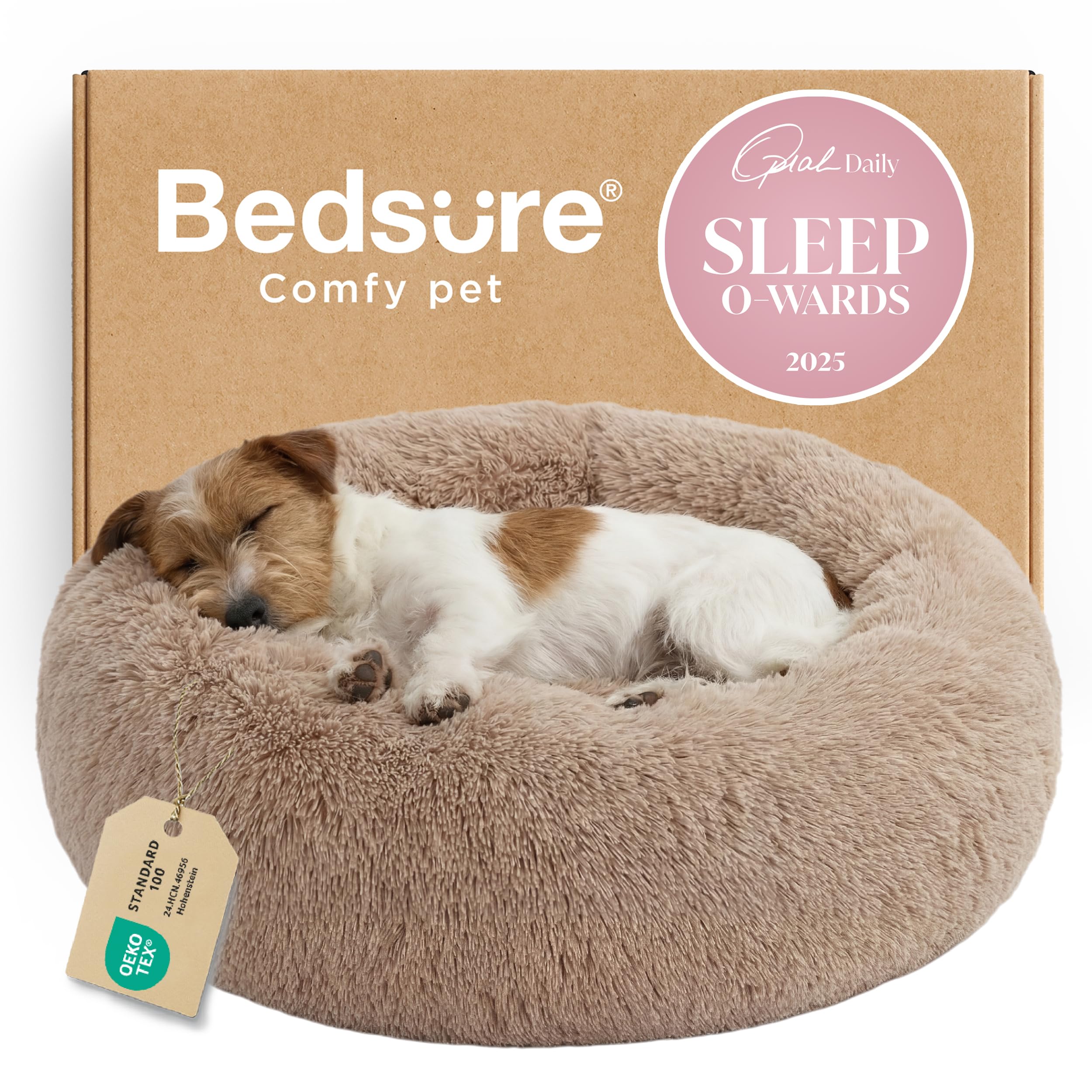 Bedsure Calming Small Dog Bed Donut Washable Cat＆Puppy Bed,23 inches Camel | Oprah Daily Award,Fluffy Faux Fur Round Cuddler,Anti-Slip Bottom,Anti-Anxiety,Deep Sleep for Large Cat & Pets Up to 25 Lbs