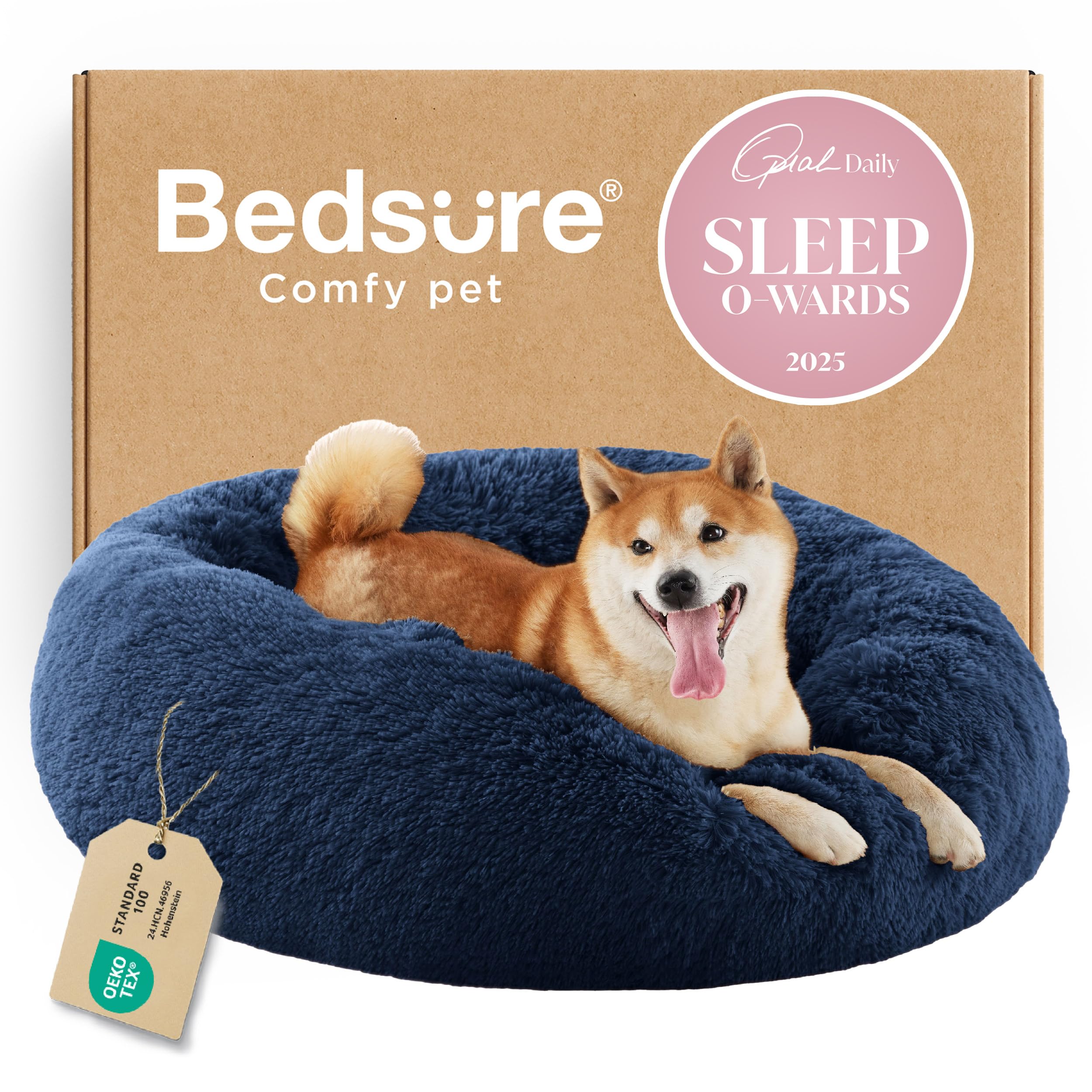 Bedsure Calming Small Dog Bed Donut Washable Cat＆Puppy Bed,23 inches Camel | Oprah Daily Award,Fluffy Faux Fur Round Cuddler,Anti-Slip Bottom,Anti-Anxiety,Deep Sleep for Large Cat & Pets Up to 25 Lbs