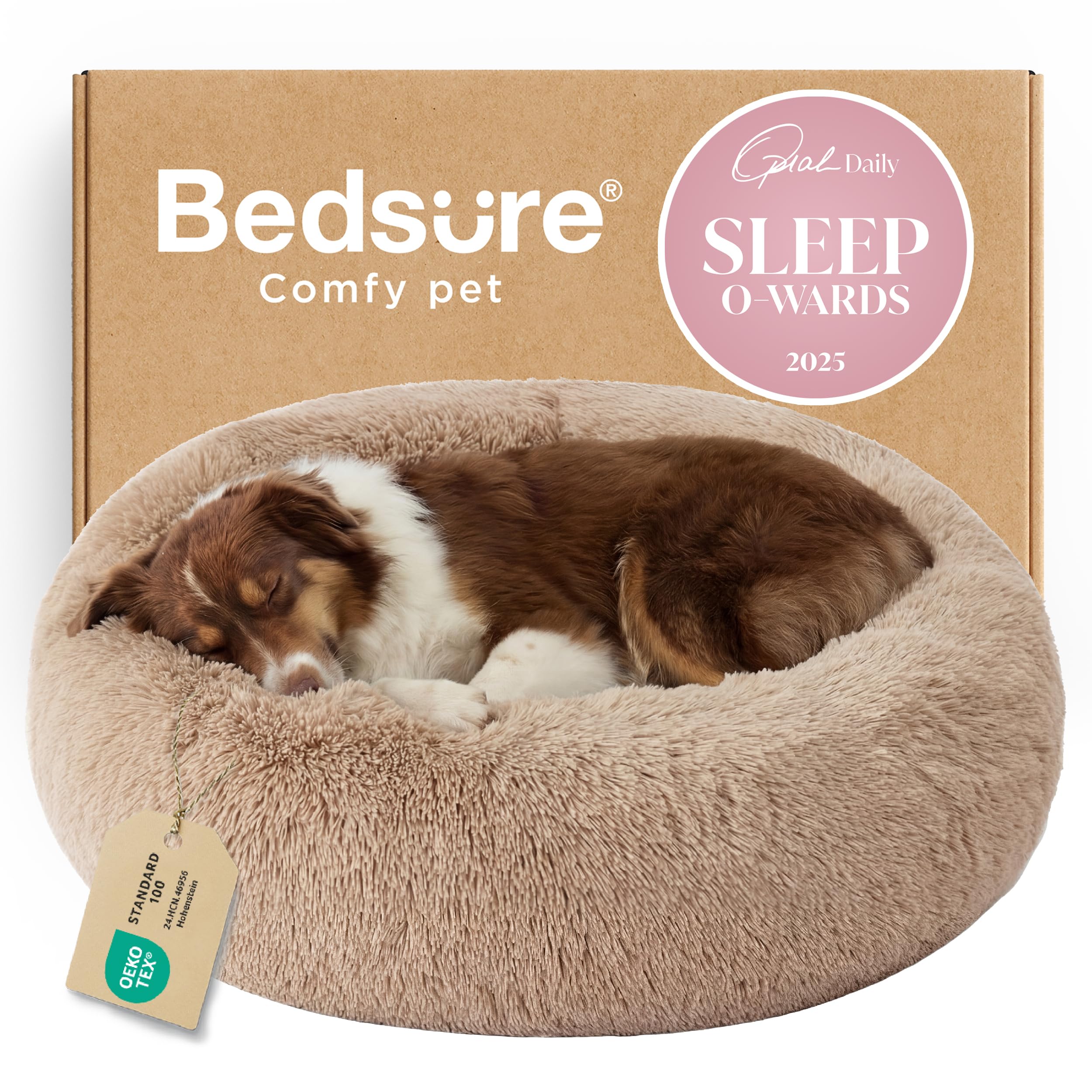 Bedsure Calming Small Dog Bed Donut Washable Cat＆Puppy Bed,23 inches Camel | Oprah Daily Award,Fluffy Faux Fur Round Cuddler,Anti-Slip Bottom,Anti-Anxiety,Deep Sleep for Large Cat & Pets Up to 25 Lbs