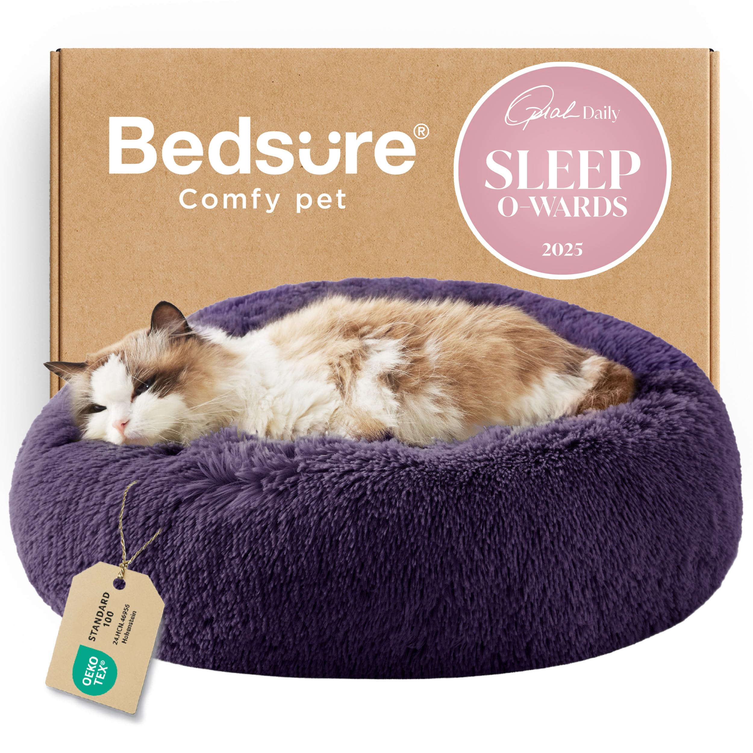 Bedsure Calming Small Dog Bed Donut Washable Cat＆Puppy Bed,23 inches Camel | Oprah Daily Award,Fluffy Faux Fur Round Cuddler,Anti-Slip Bottom,Anti-Anxiety,Deep Sleep for Large Cat & Pets Up to 25 Lbs