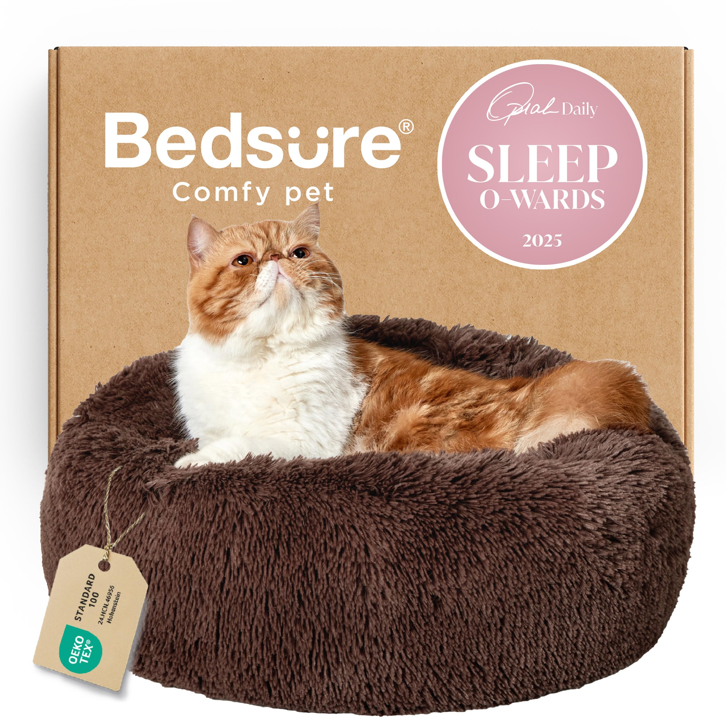 Bedsure Calming Small Dog Bed Donut Washable Cat＆Puppy Bed,23 inches Camel | Oprah Daily Award,Fluffy Faux Fur Round Cuddler,Anti-Slip Bottom,Anti-Anxiety,Deep Sleep for Large Cat & Pets Up to 25 Lbs