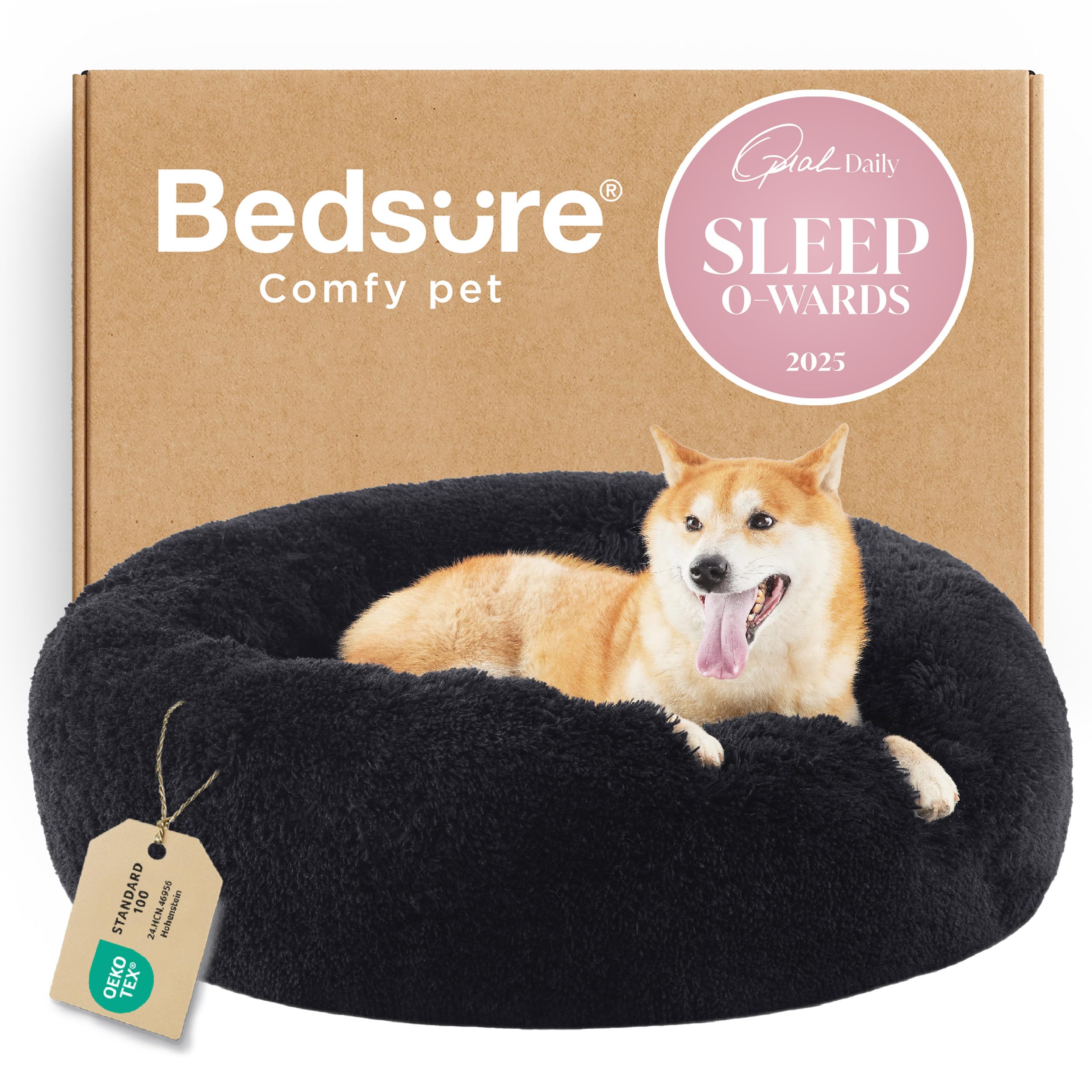 Bedsure Calming Small Dog Bed Donut Washable Cat＆Puppy Bed,23 inches Camel | Oprah Daily Award,Fluffy Faux Fur Round Cuddler,Anti-Slip Bottom,Anti-Anxiety,Deep Sleep for Large Cat & Pets Up to 25 Lbs