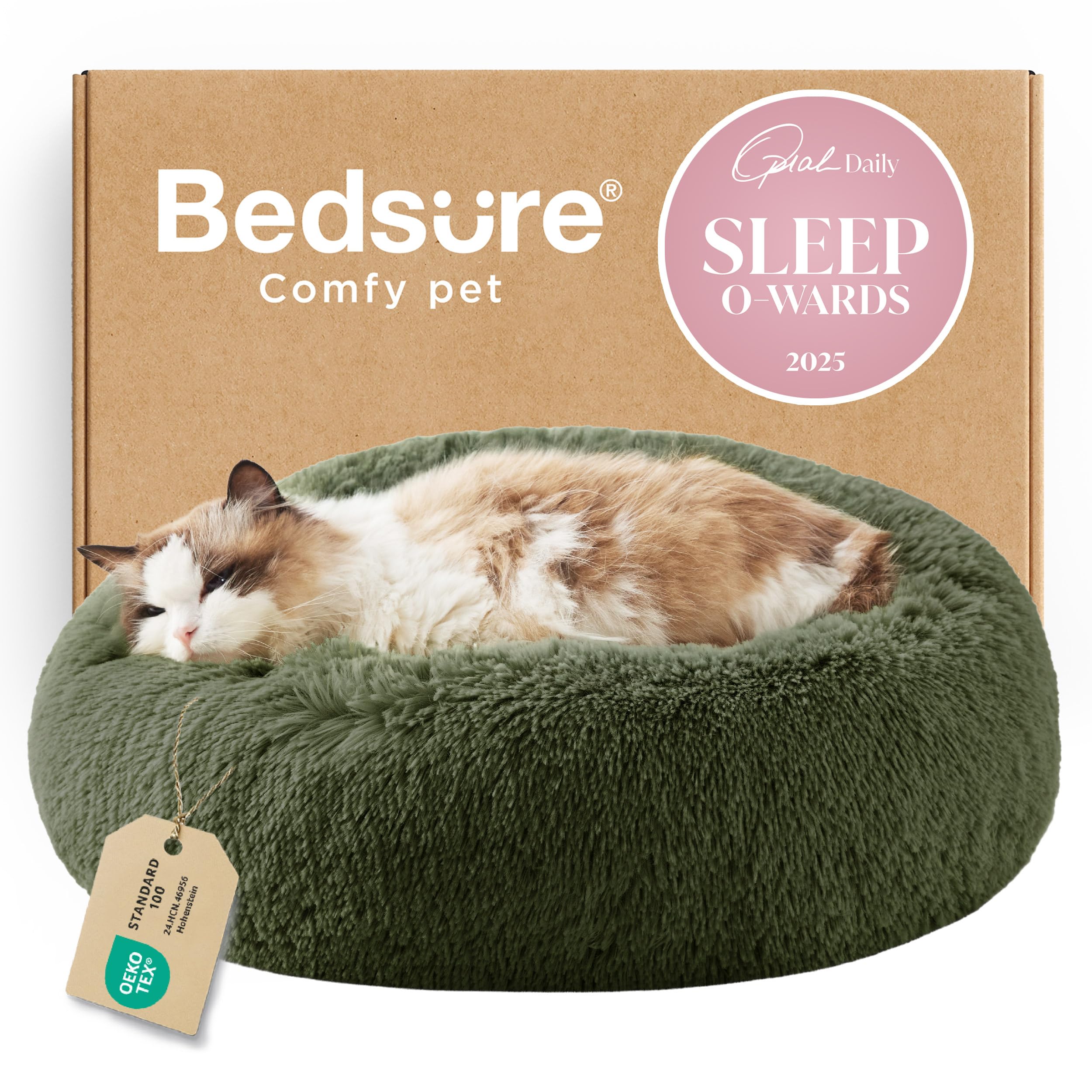 Bedsure Calming Small Dog Bed Donut Washable Cat＆Puppy Bed,23 inches Camel | Oprah Daily Award,Fluffy Faux Fur Round Cuddler,Anti-Slip Bottom,Anti-Anxiety,Deep Sleep for Large Cat & Pets Up to 25 Lbs