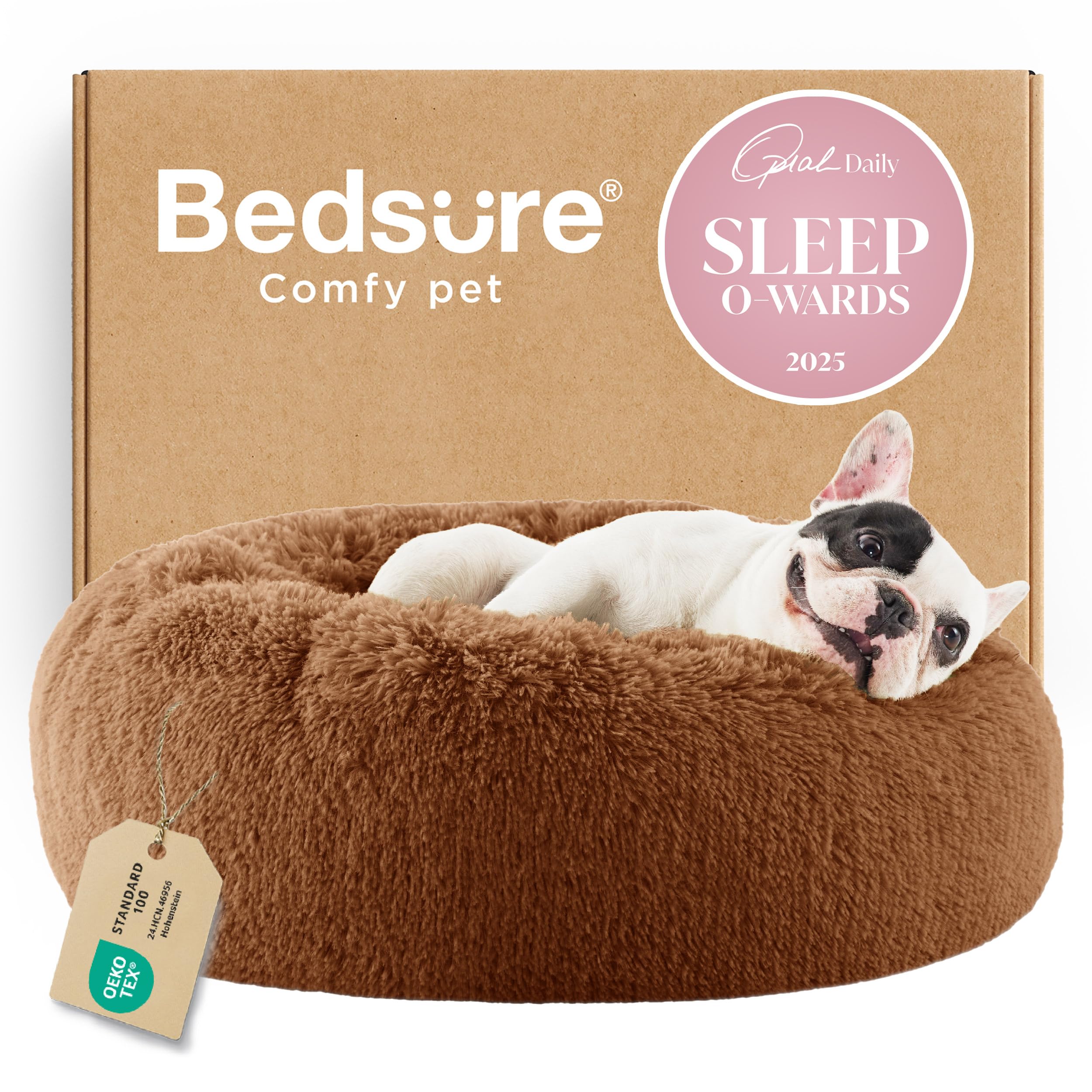 Bedsure Calming Small Dog Bed Donut Washable Cat＆Puppy Bed,23 inches Camel | Oprah Daily Award,Fluffy Faux Fur Round Cuddler,Anti-Slip Bottom,Anti-Anxiety,Deep Sleep for Large Cat & Pets Up to 25 Lbs