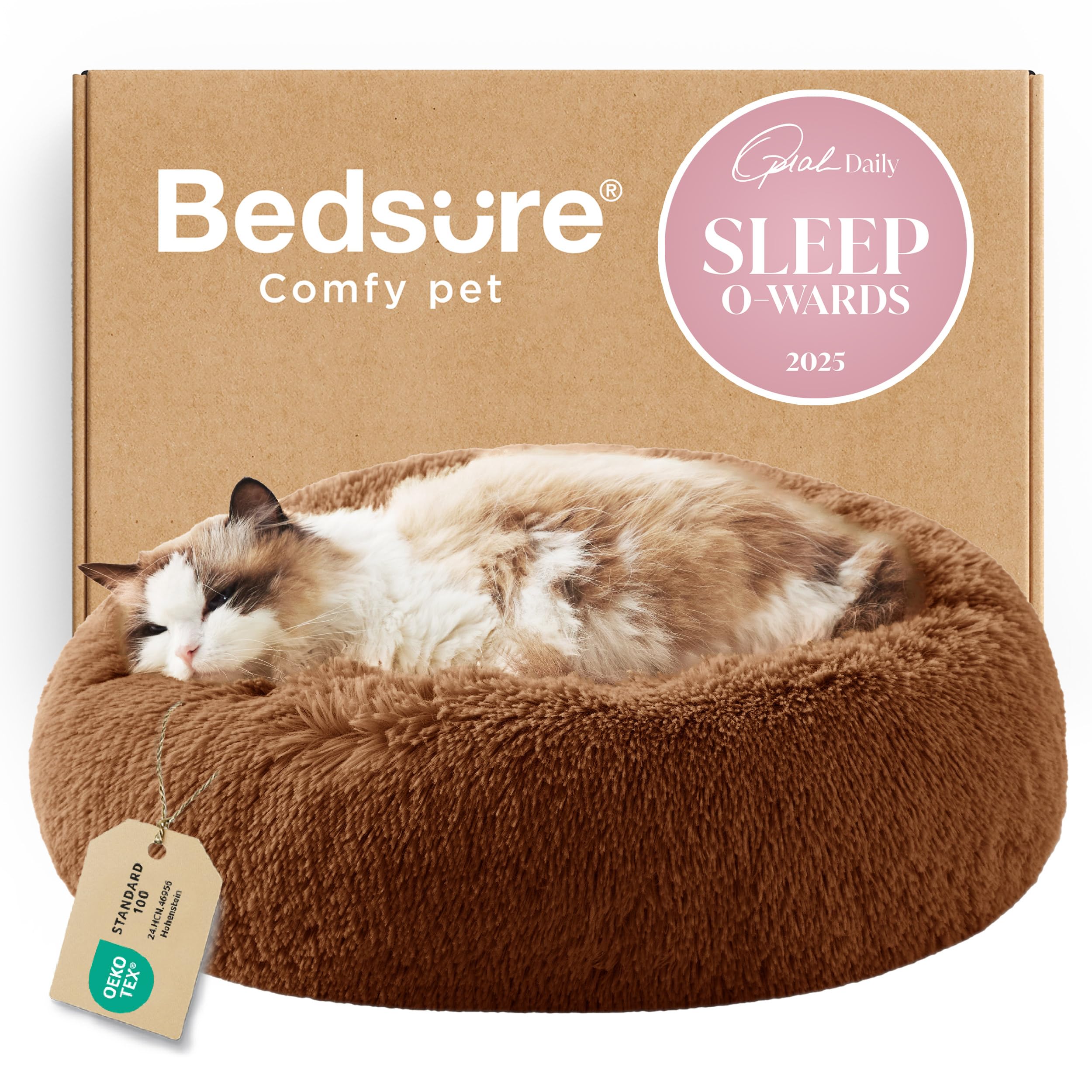 Bedsure Calming Small Dog Bed Donut Washable Cat＆Puppy Bed,23 inches Camel | Oprah Daily Award,Fluffy Faux Fur Round Cuddler,Anti-Slip Bottom,Anti-Anxiety,Deep Sleep for Large Cat & Pets Up to 25 Lbs