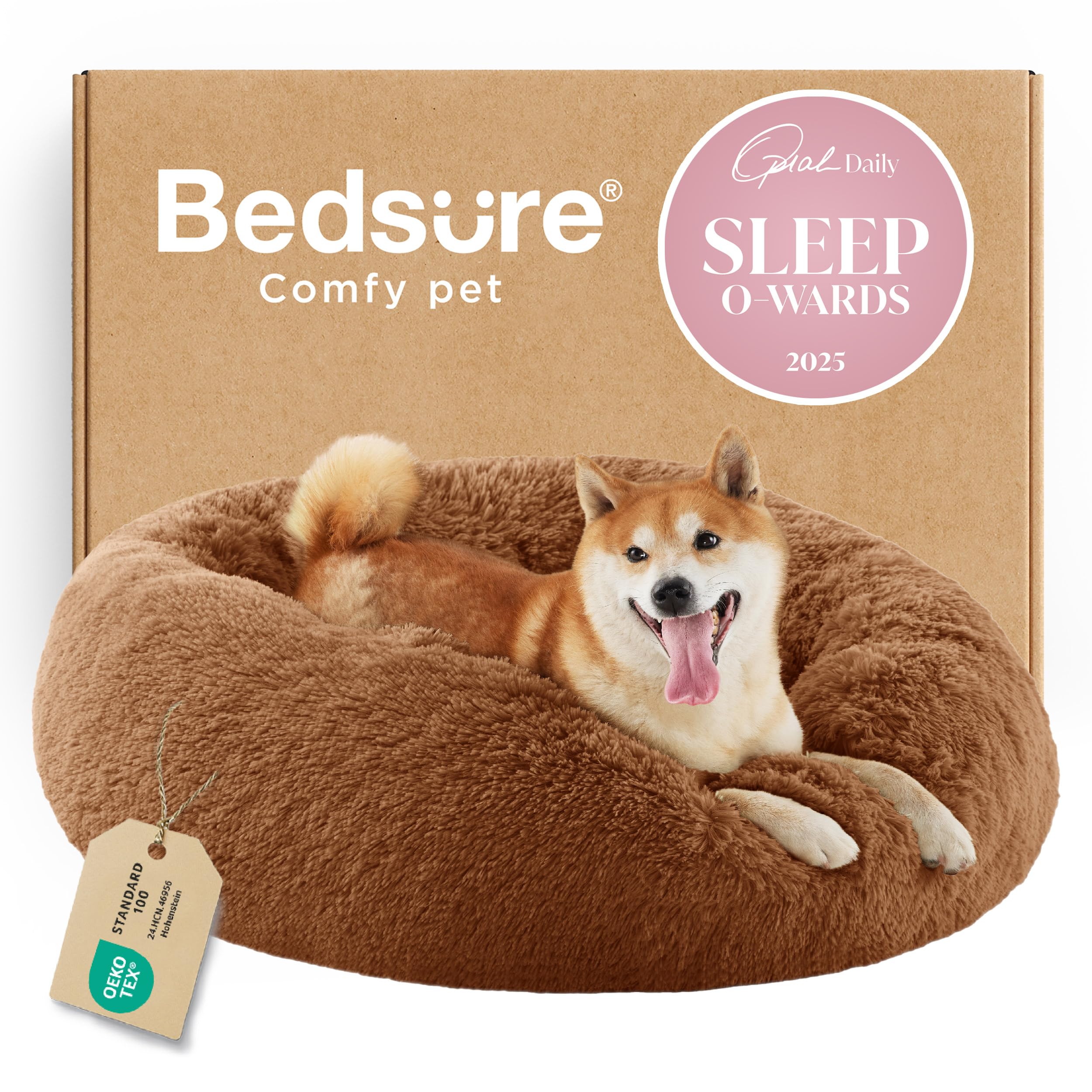 Bedsure Calming Small Dog Bed Donut Washable Cat＆Puppy Bed,23 inches Camel | Oprah Daily Award,Fluffy Faux Fur Round Cuddler,Anti-Slip Bottom,Anti-Anxiety,Deep Sleep for Large Cat & Pets Up to 25 Lbs