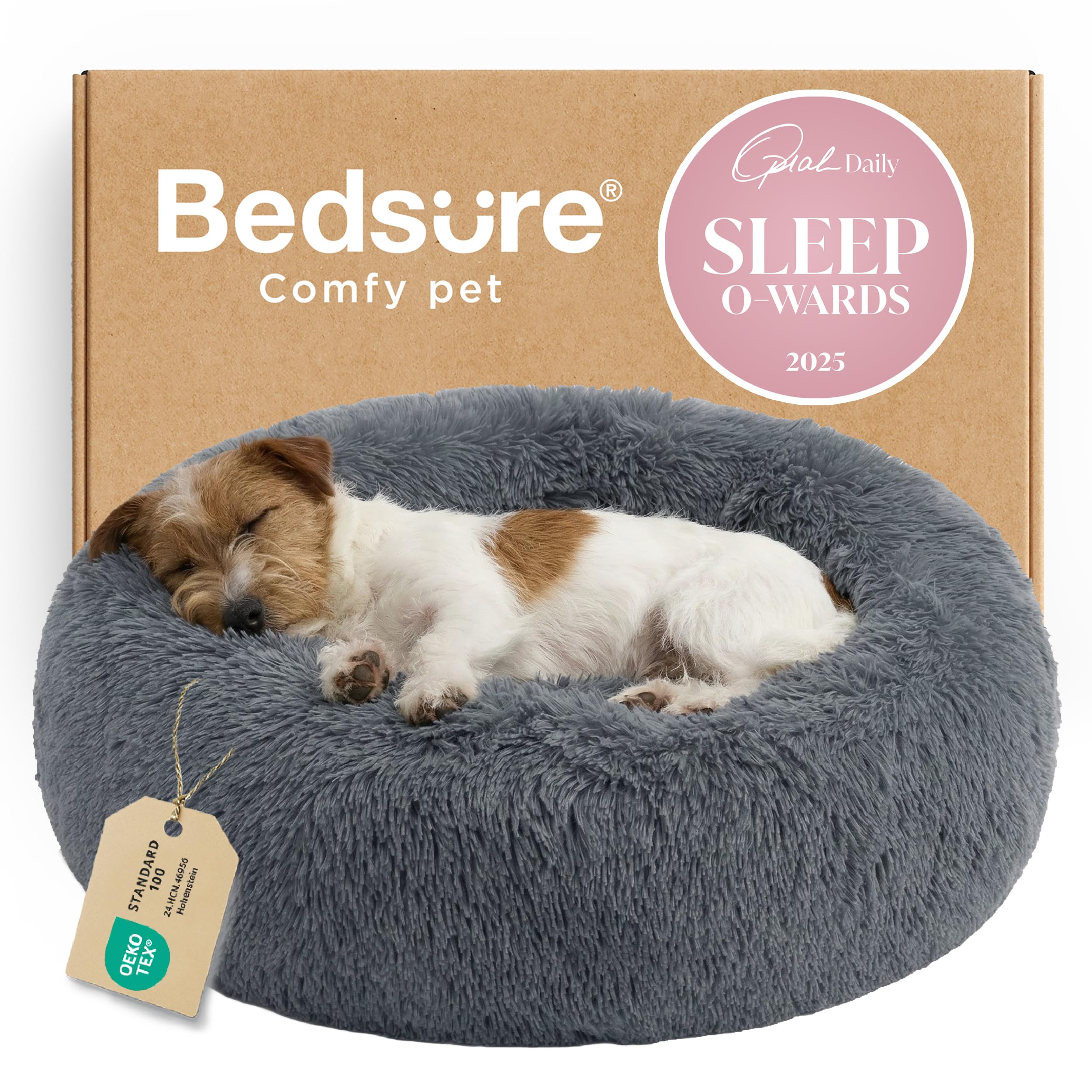 Bedsure Calming Small Dog Bed Donut Washable Cat＆Puppy Bed,23 inches Camel | Oprah Daily Award,Fluffy Faux Fur Round Cuddler,Anti-Slip Bottom,Anti-Anxiety,Deep Sleep for Large Cat & Pets Up to 25 Lbs