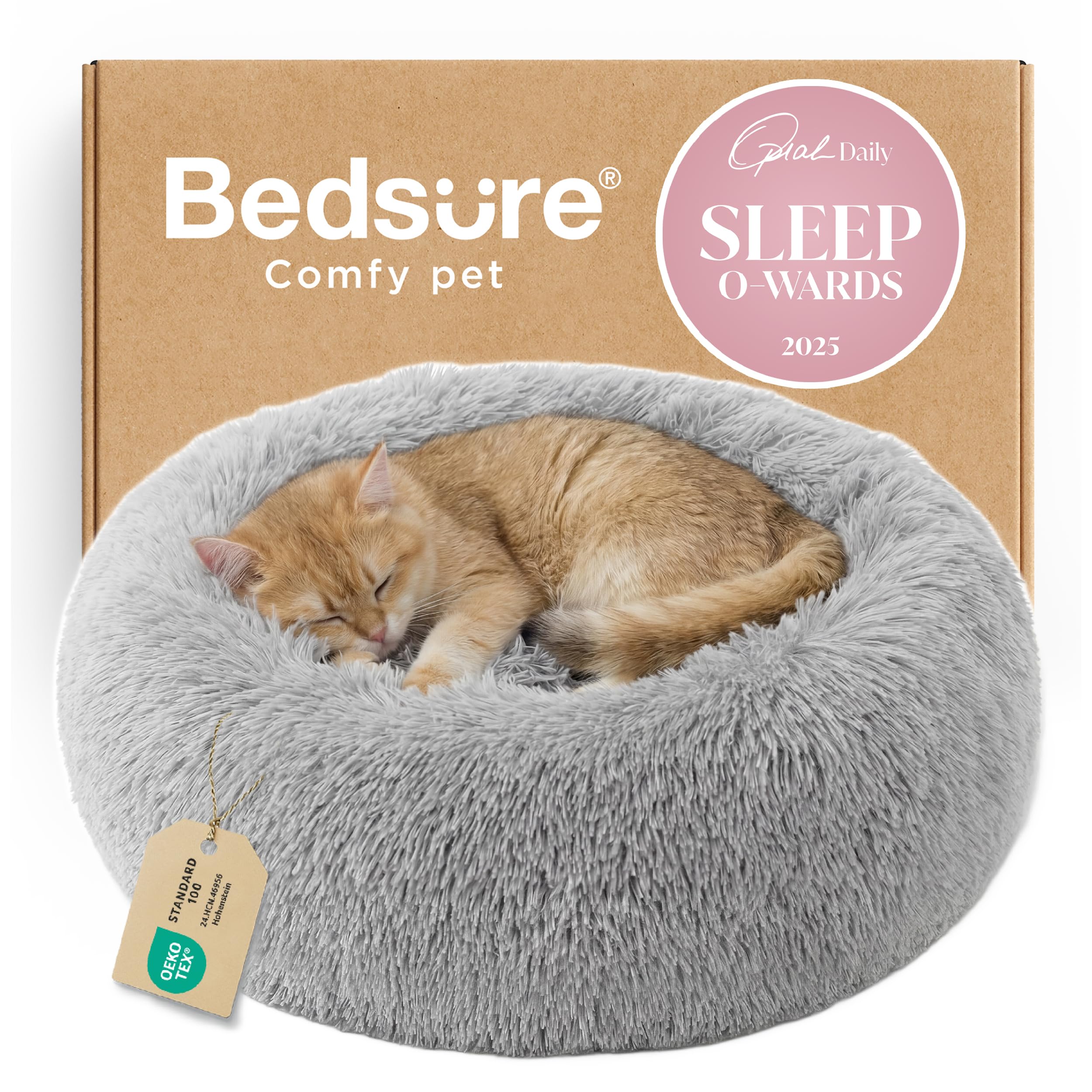 Bedsure Calming Small Dog Bed Donut Washable Cat＆Puppy Bed,23 inches Camel | Oprah Daily Award,Fluffy Faux Fur Round Cuddler,Anti-Slip Bottom,Anti-Anxiety,Deep Sleep for Large Cat & Pets Up to 25 Lbs
